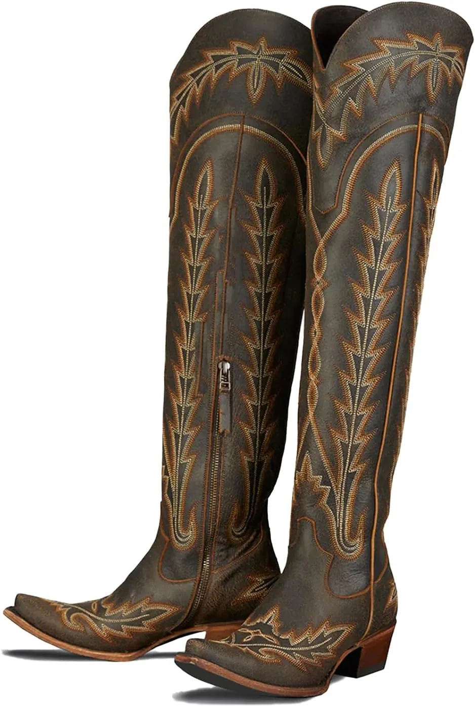 olomisa Over the Knee Cowboy Boots for Women Embroidery Cowgirl Boots Chunky Heel Side Zipper Boots Thigh High Western Boots