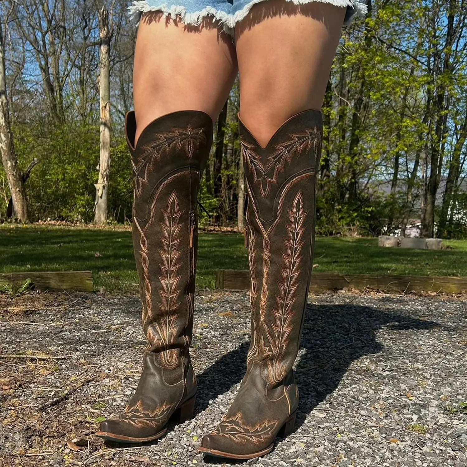 olomisa Over the Knee Cowboy Boots for Women Embroidery Cowgirl Boots Chunky Heel Side Zipper Boots Thigh High Western Boots