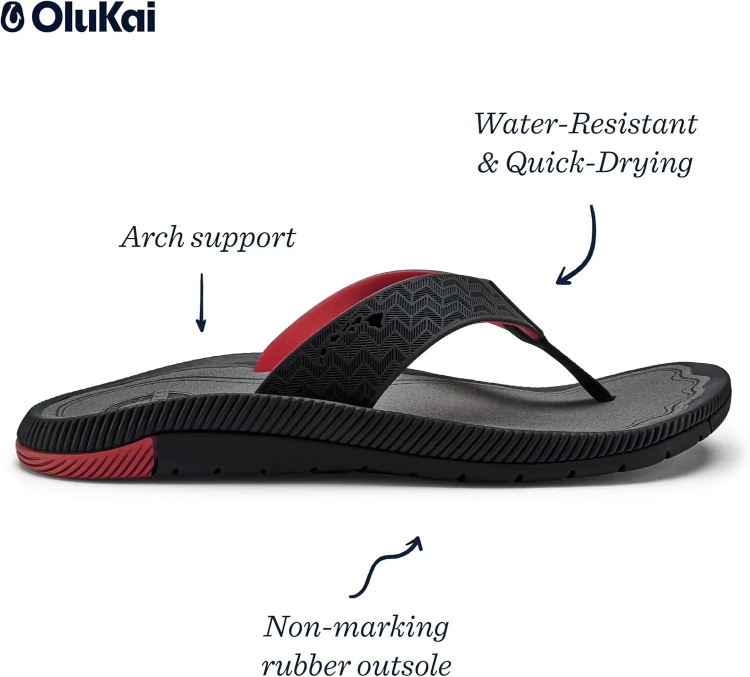 OLUKAI Awiki Men's Beach Sandals, Quick-Dry Flip-Flop Slides, Water Resistant Lining & Wet Grip Soles, All-Day Comfort & Arch Support