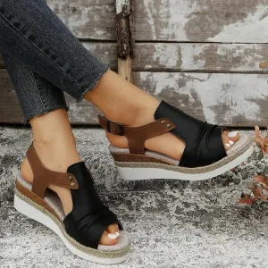 Orthopedic Platform Wedge Sandals for Women Summer Dressy 2023 Flat Open Toe Ankle Strap Espadrilles Sandals Casual Strappy Slip on Sandals Beach Boho Sandals Comfortable Outdoor Shoes (3-Black, 7)