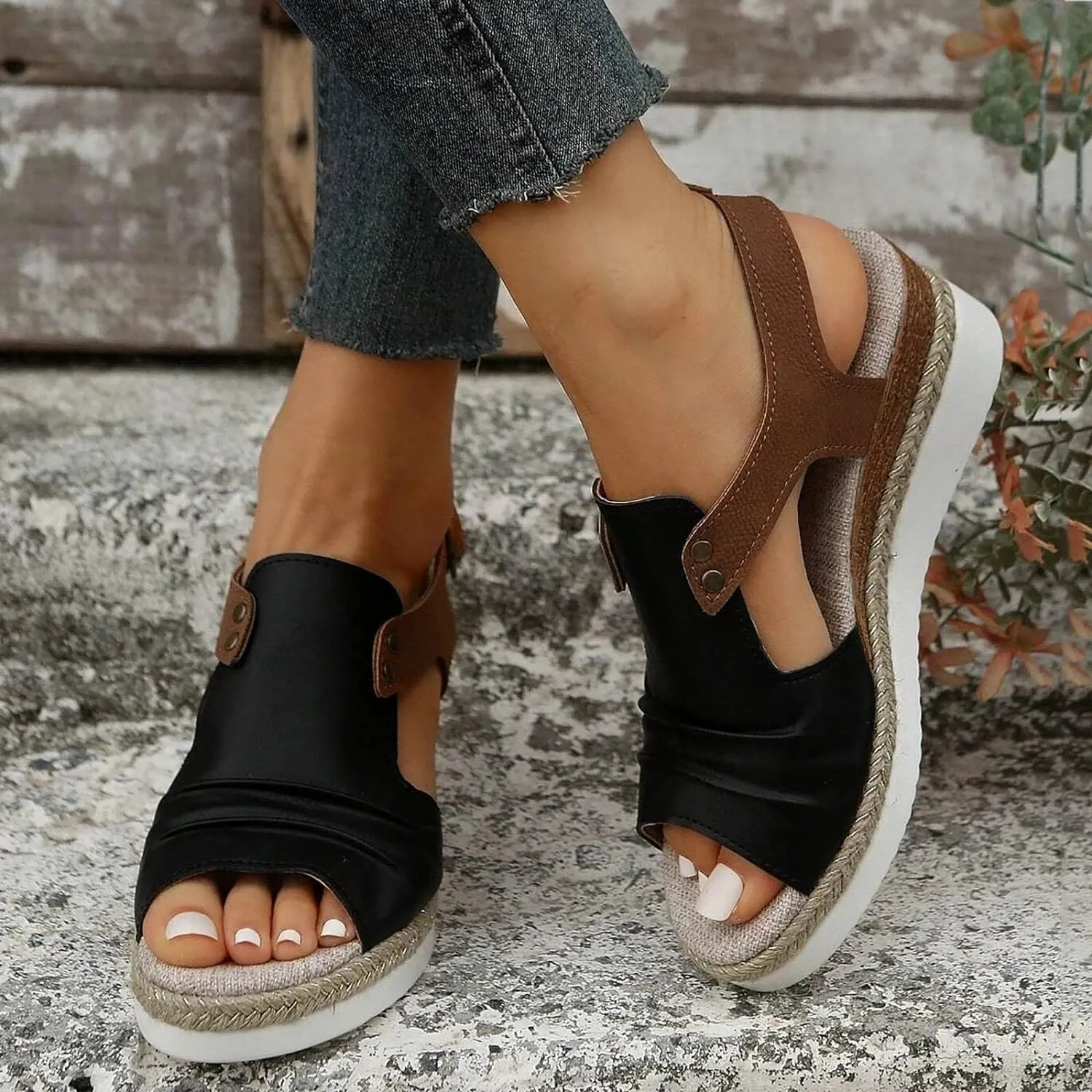 Orthopedic Platform Wedge Sandals for Women Summer Dressy 2023 Flat Open Toe Ankle Strap Espadrilles Sandals Casual Strappy Slip on Sandals Beach Boho Sandals Comfortable Outdoor Shoes (3-Black, 7)