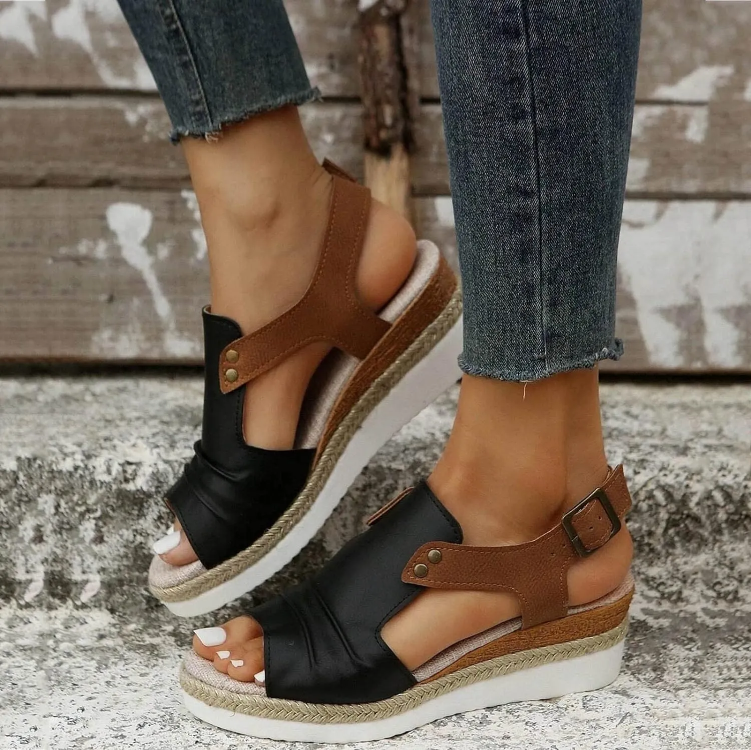 Orthopedic Platform Wedge Sandals for Women Summer Dressy 2023 Flat Open Toe Ankle Strap Espadrilles Sandals Casual Strappy Slip on Sandals Beach Boho Sandals Comfortable Outdoor Shoes (3-Black, 7)