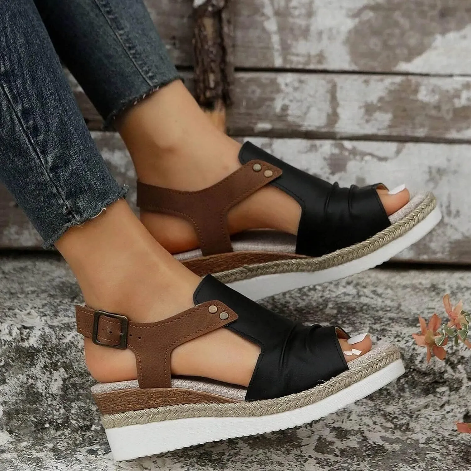 Orthopedic Platform Wedge Sandals for Women Summer Dressy 2023 Flat Open Toe Ankle Strap Espadrilles Sandals Casual Strappy Slip on Sandals Beach Boho Sandals Comfortable Outdoor Shoes (3-Black, 7)