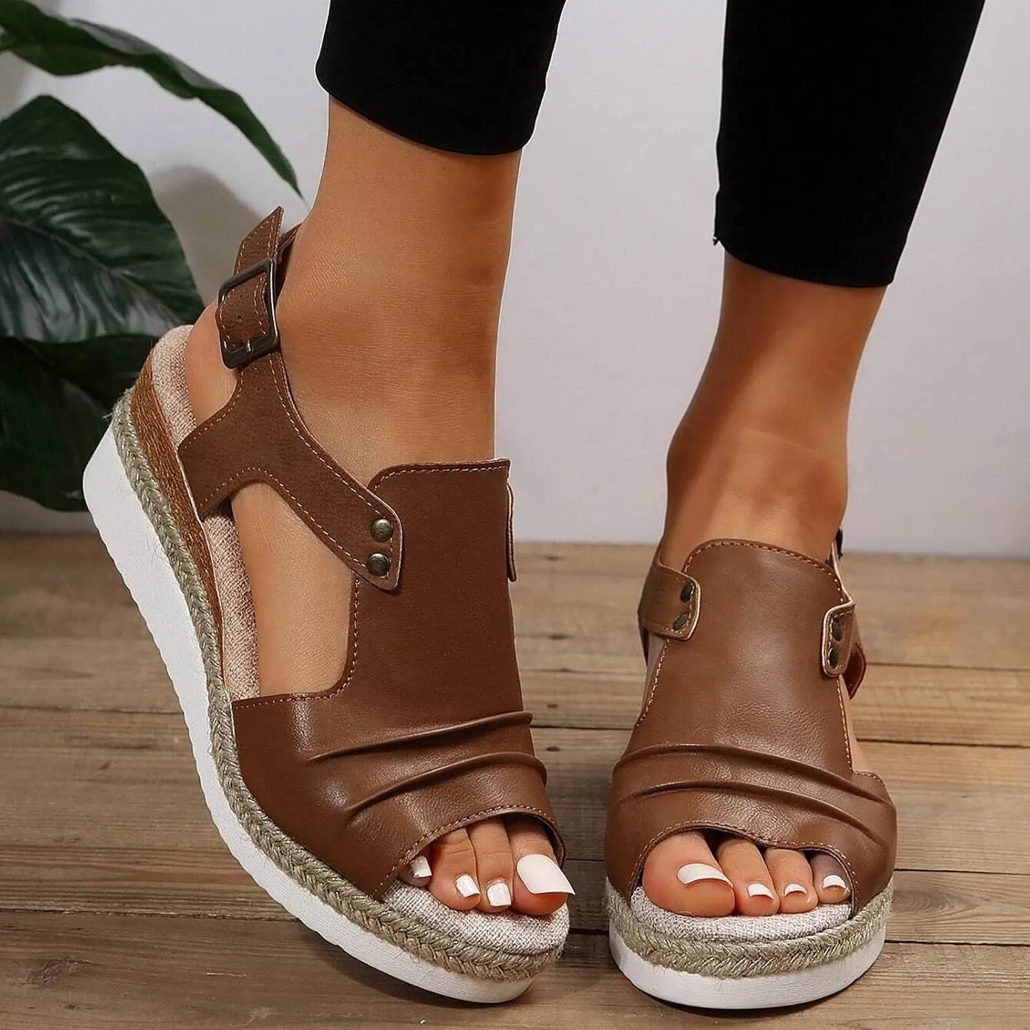 Orthopedic Platform Wedge Sandals for Women Summer Dressy Flat 2023 Open Toe Ankle Strap Espadrilles Sandals Casual Strappy Slip on Sandals Beach Boho Sandals Comfortable Outdoor Shoes (Brown #2, 9)