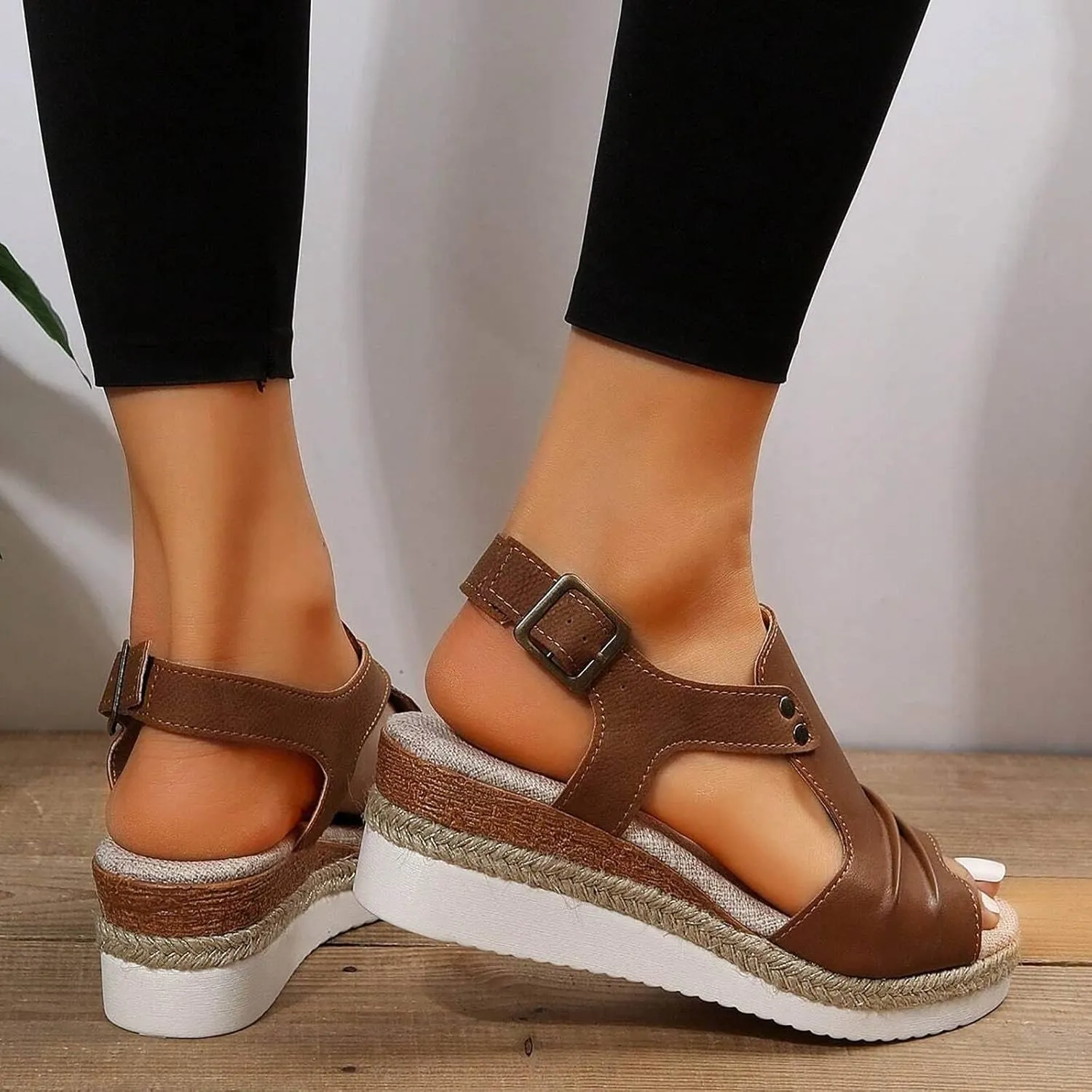 Orthopedic Platform Wedge Sandals for Women Summer Dressy Flat 2023 Open Toe Ankle Strap Espadrilles Sandals Casual Strappy Slip on Sandals Beach Boho Sandals Comfortable Outdoor Shoes (Brown #2, 9)