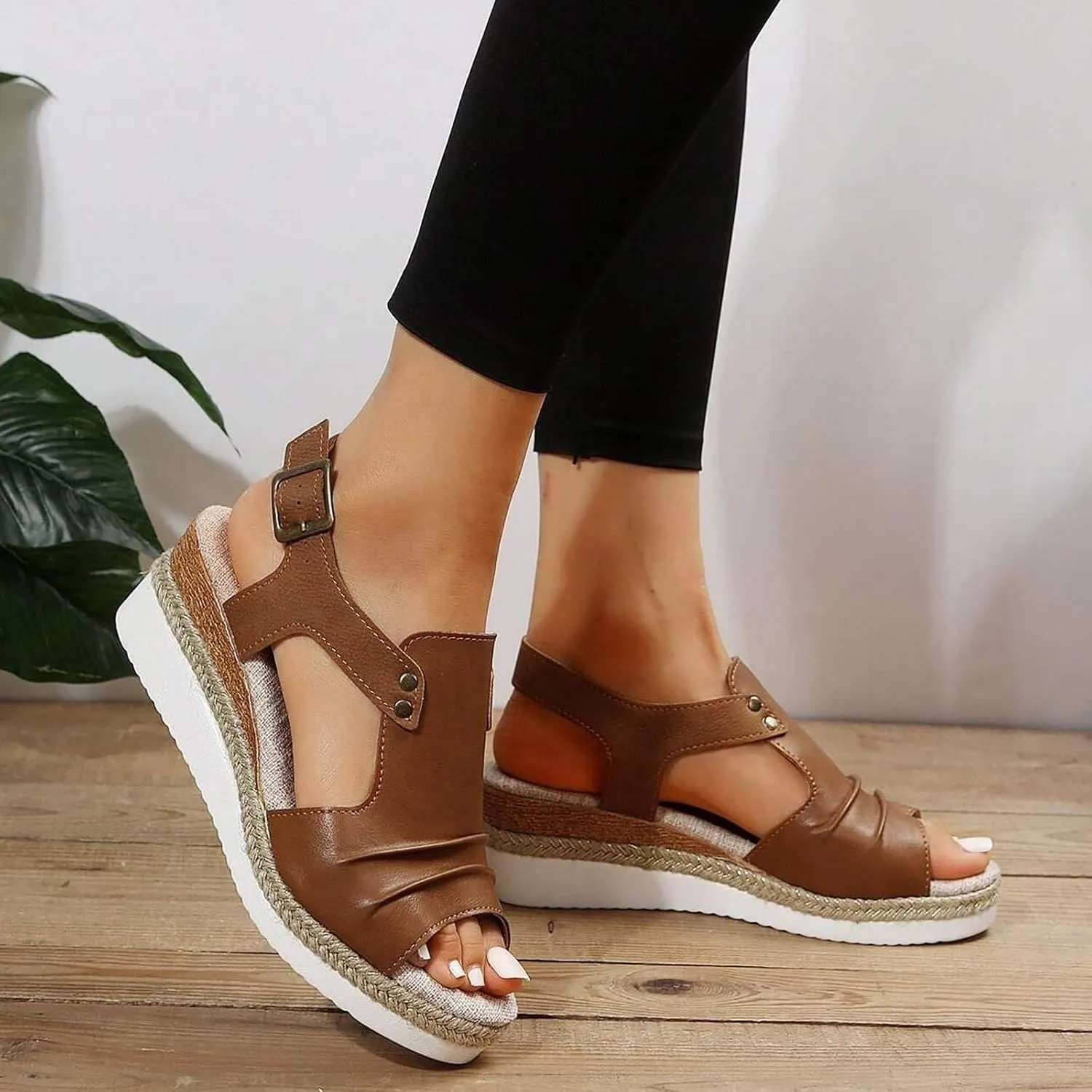 Orthopedic Platform Wedge Sandals for Women Summer Dressy Flat 2023 Open Toe Ankle Strap Espadrilles Sandals Casual Strappy Slip on Sandals Beach Boho Sandals Comfortable Outdoor Shoes (Brown #2, 9)