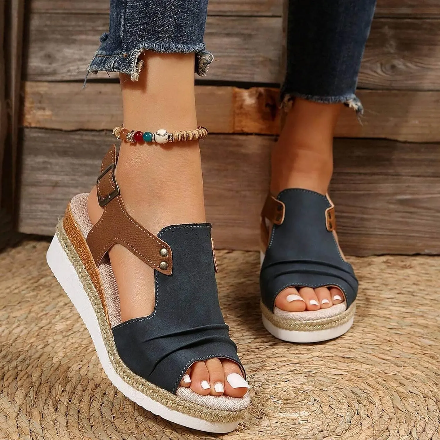 Orthopedic Platform Wedge Sandals for Women Summer Dressy Flat 2023 Open Toe Ankle Strap Espadrilles Sandals Casual Strappy Slip on Sandals Beach Boho Sandals Comfortable Outdoor Shoes (Navy #2, 9)
