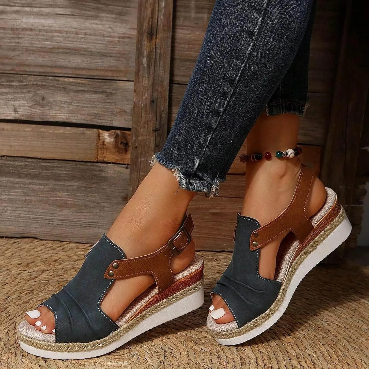 Orthopedic Platform Wedge Sandals for Women Summer Dressy Flat 2023 Open Toe Ankle Strap Espadrilles Sandals Casual Strappy Slip on Sandals Beach Boho Sandals Comfortable Outdoor Shoes (Navy #2, 9)