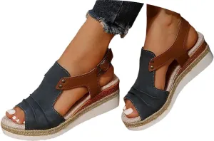 Orthopedic Platform Wedge Sandals for Women Summer Dressy Flat 2023 Open Toe Ankle Strap Espadrilles Sandals Casual Strappy Slip on Sandals Beach Boho Sandals Comfortable Outdoor Shoes (Navy #2, 9)