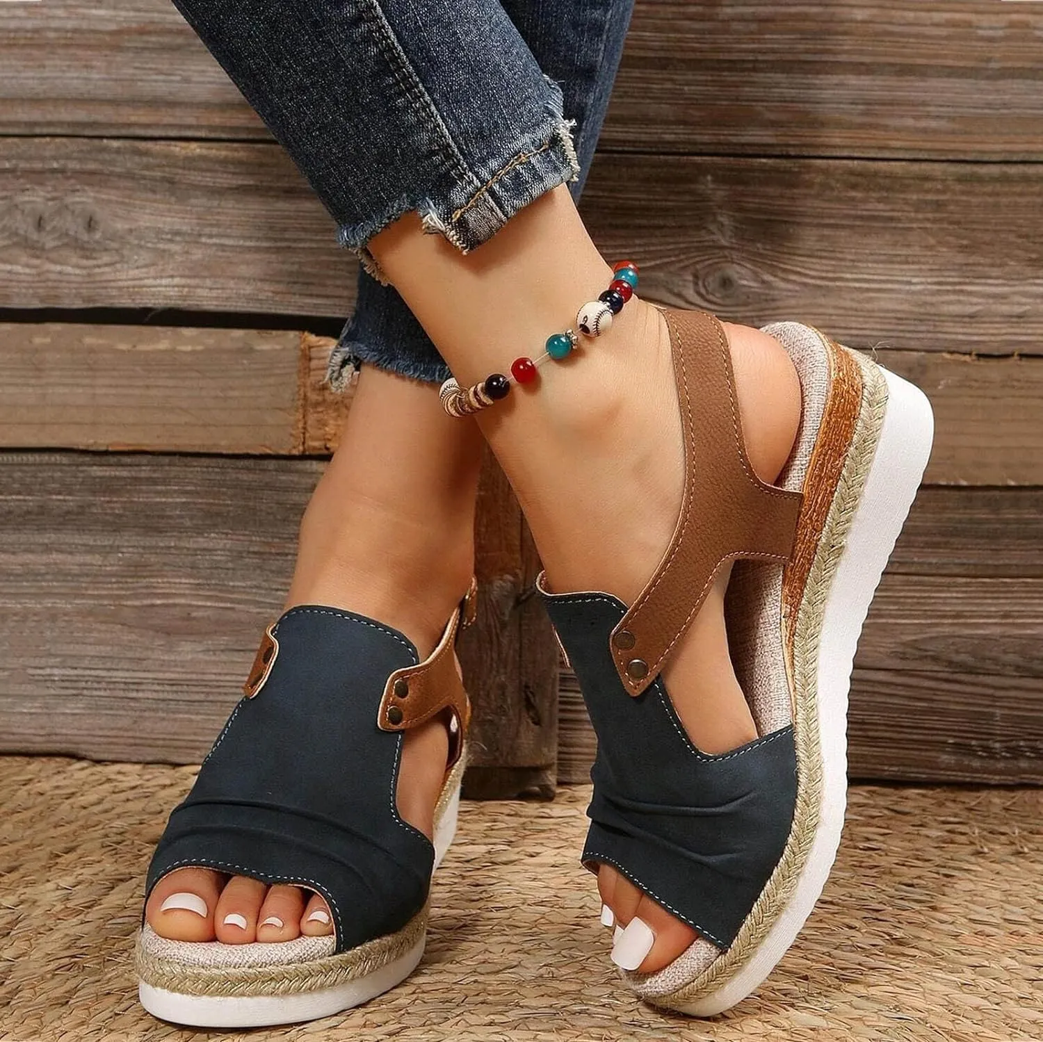 Orthopedic Platform Wedge Sandals for Women Summer Dressy Flat 2023 Open Toe Ankle Strap Espadrilles Sandals Casual Strappy Slip on Sandals Beach Boho Sandals Comfortable Outdoor Shoes (Navy #2, 9)