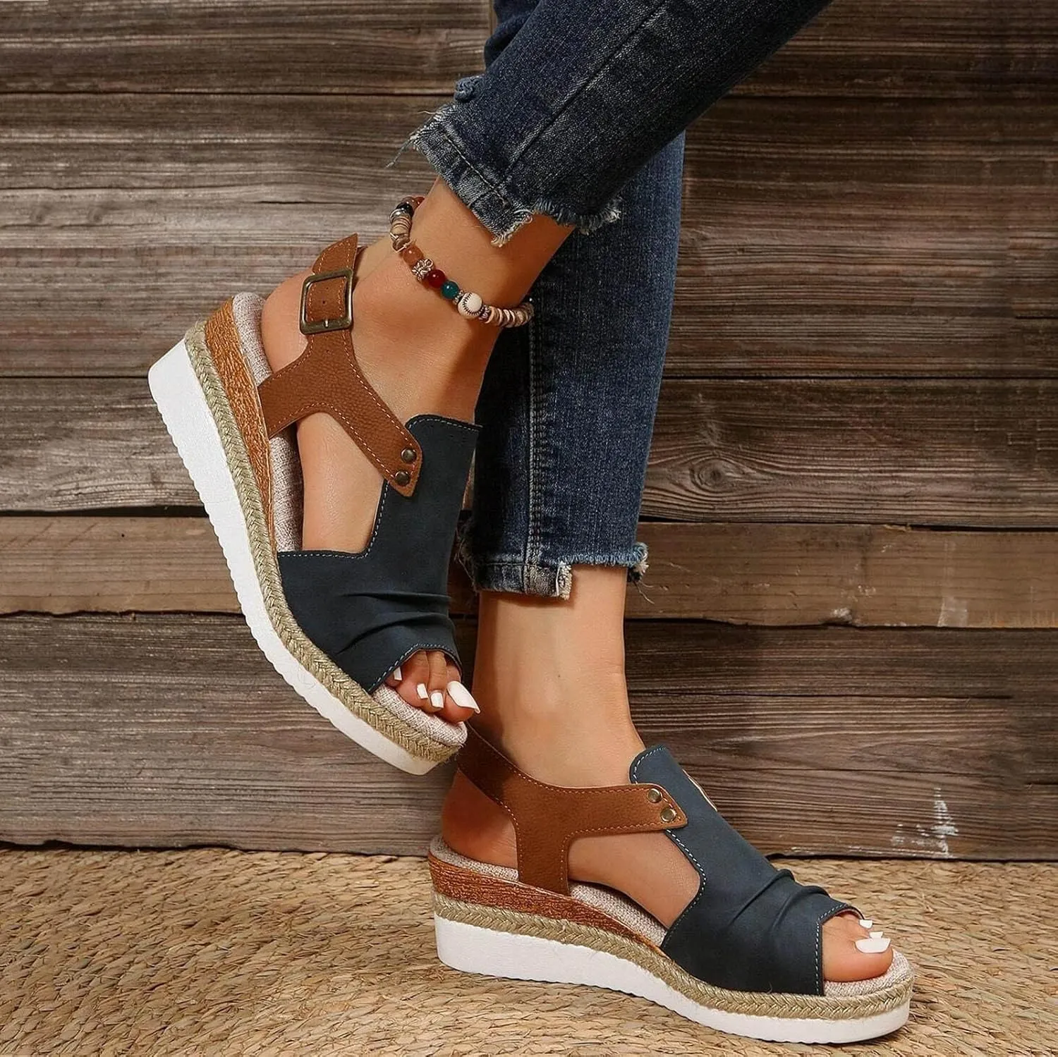 Orthopedic Platform Wedge Sandals for Women Summer Dressy Flat 2023 Open Toe Ankle Strap Espadrilles Sandals Casual Strappy Slip on Sandals Beach Boho Sandals Comfortable Outdoor Shoes (Navy #2, 9)