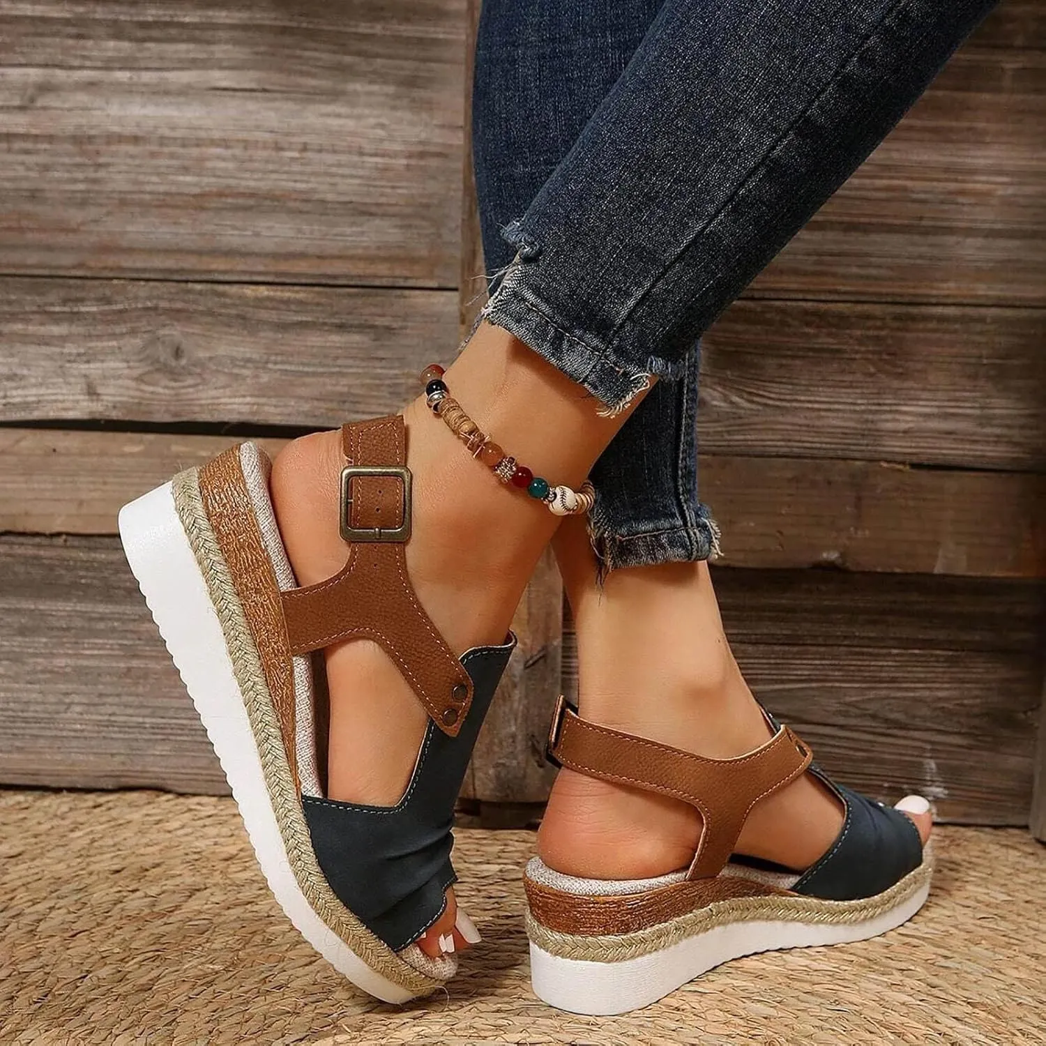 Orthopedic Platform Wedge Sandals for Women Summer Dressy Flat 2023 Open Toe Ankle Strap Espadrilles Sandals Casual Strappy Slip on Sandals Beach Boho Sandals Comfortable Outdoor Shoes (Navy #2, 9)