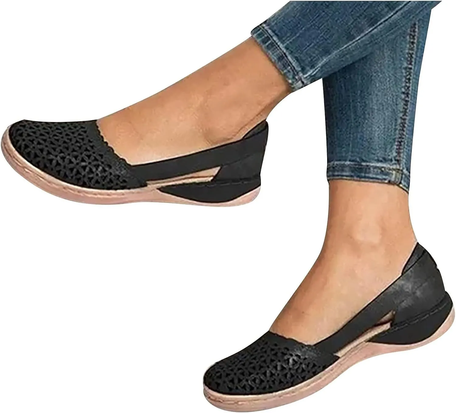 Orthopedic Sandals for Women Breathable Hollow Out Closed Toe Slip On Sandals Summer Casual Round Toe Low Heels Shoes Comfortable Non-Slip Walking Shoes Platform Sandal