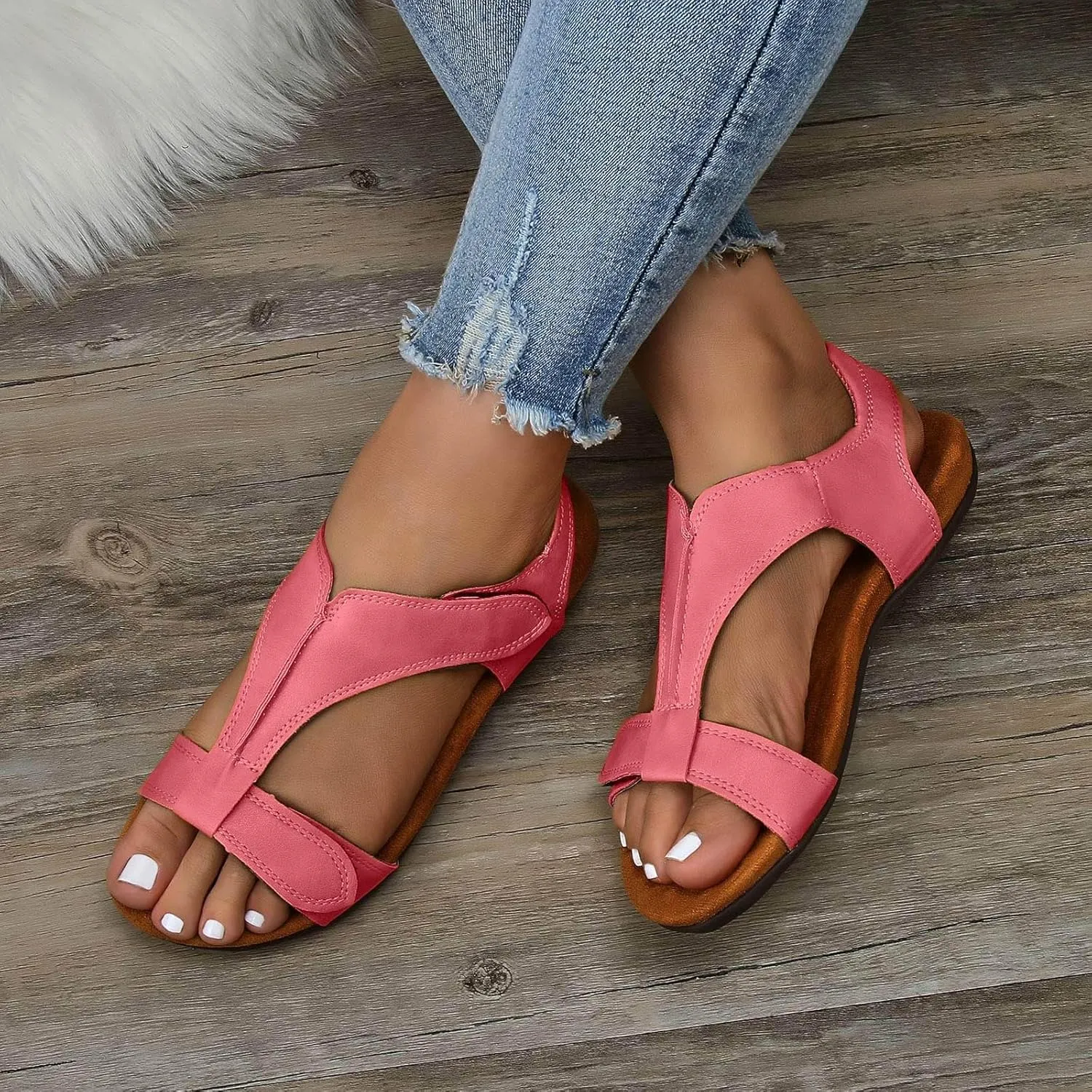 Orthopedic Sandals for Womens Dressy Summer T-strap Walking Comfortable Sandals Soft Cushion Outdoor Flat Beach Sandals