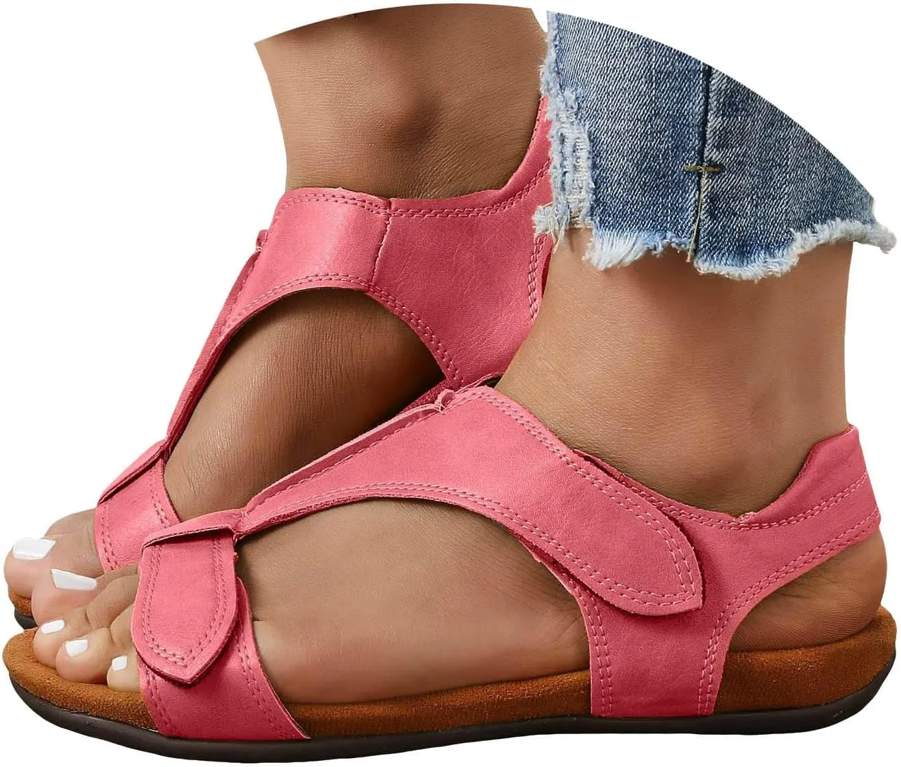 Orthopedic Sandals for Womens Dressy Summer T-strap Walking Comfortable Sandals Soft Cushion Outdoor Flat Beach Sandals