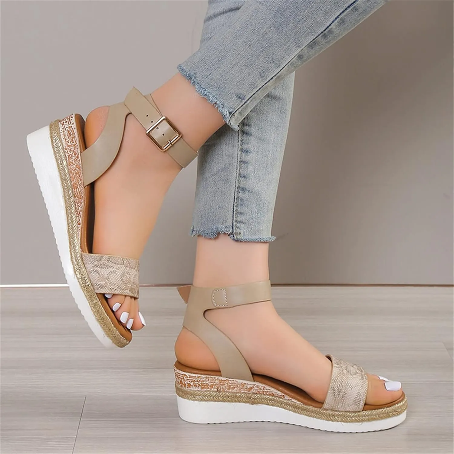 Orthopedic Sandals for Women,Women Walking Slippers with Arch Support Wedge Sandals Summer Dressy Open Toe Ankle Strap Platform Beach Casual Slip on Sandals Beach Dress Comfortable (Khaki-1, 6.5)