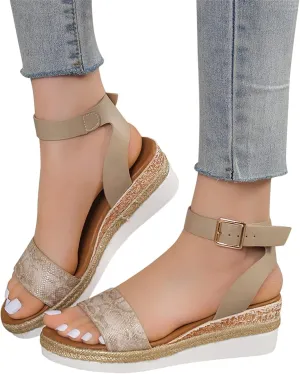 Orthopedic Sandals for Women,Women Walking Slippers with Arch Support Wedge Sandals Summer Dressy Open Toe Ankle Strap Platform Beach Casual Slip on Sandals Beach Dress Comfortable (Khaki-1, 6.5)