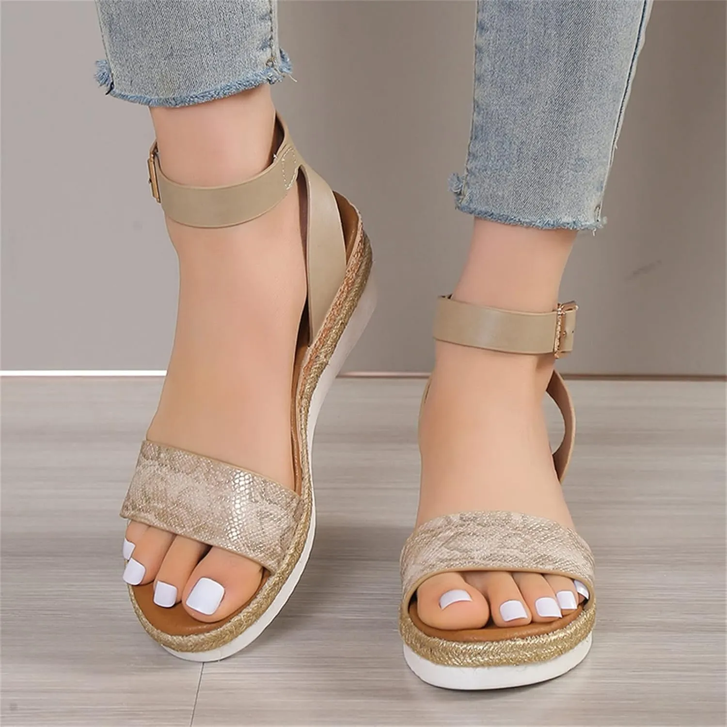 Orthopedic Sandals for Women,Women Walking Slippers with Arch Support Wedge Sandals Summer Dressy Open Toe Ankle Strap Platform Beach Casual Slip on Sandals Beach Dress Comfortable (Khaki-1, 6.5)