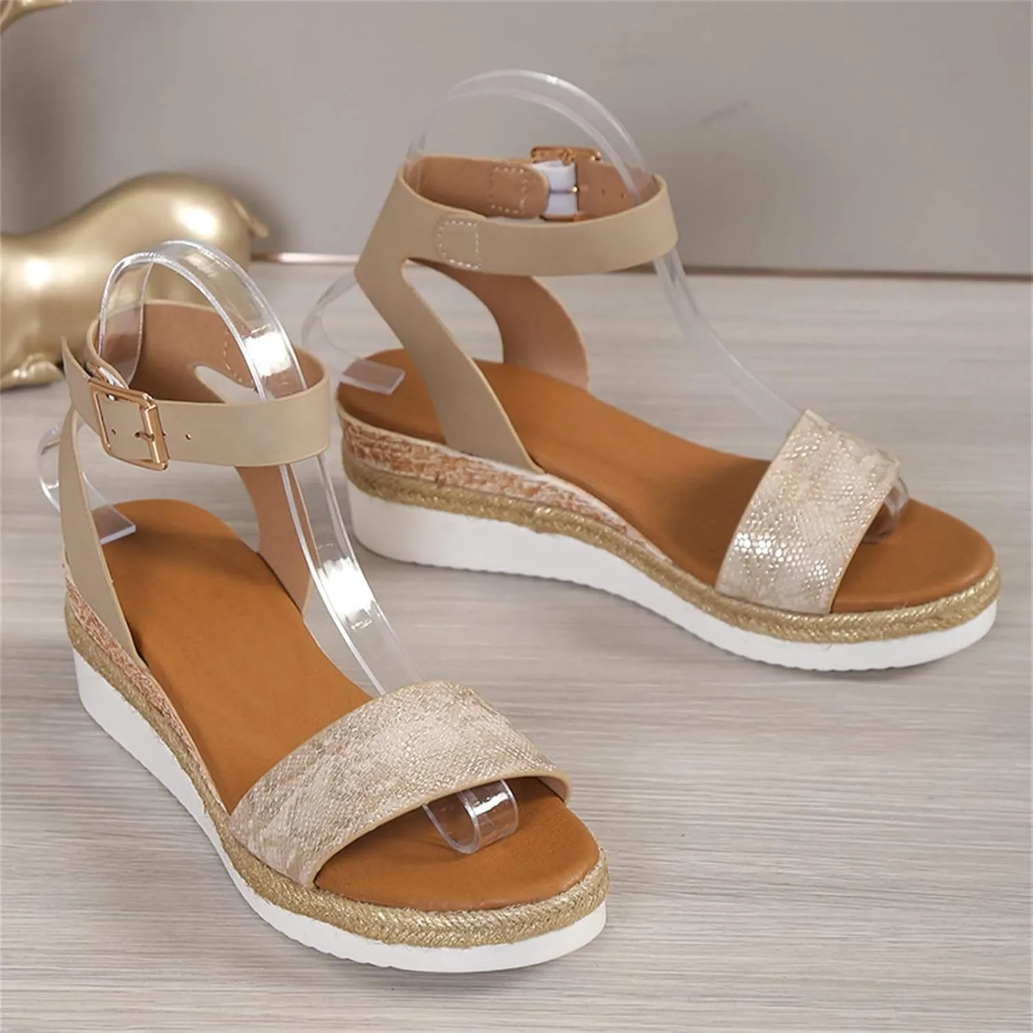 Orthopedic Sandals for Women,Women Walking Slippers with Arch Support Wedge Sandals Summer Dressy Open Toe Ankle Strap Platform Beach Casual Slip on Sandals Beach Dress Comfortable (Khaki-1, 6.5)
