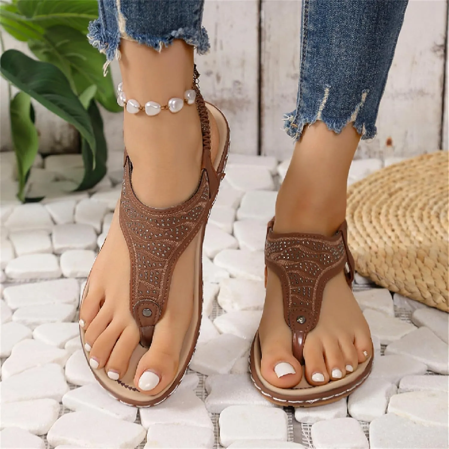 Orthopedic Sandals Women Casual Elastic Strappy Flat Sandals Arch Support T-Strap Walking Thong Flip-Flops Summer Lightweight Ridge Slingback Flat Sandal Comfortable Soft Cushion Shoes