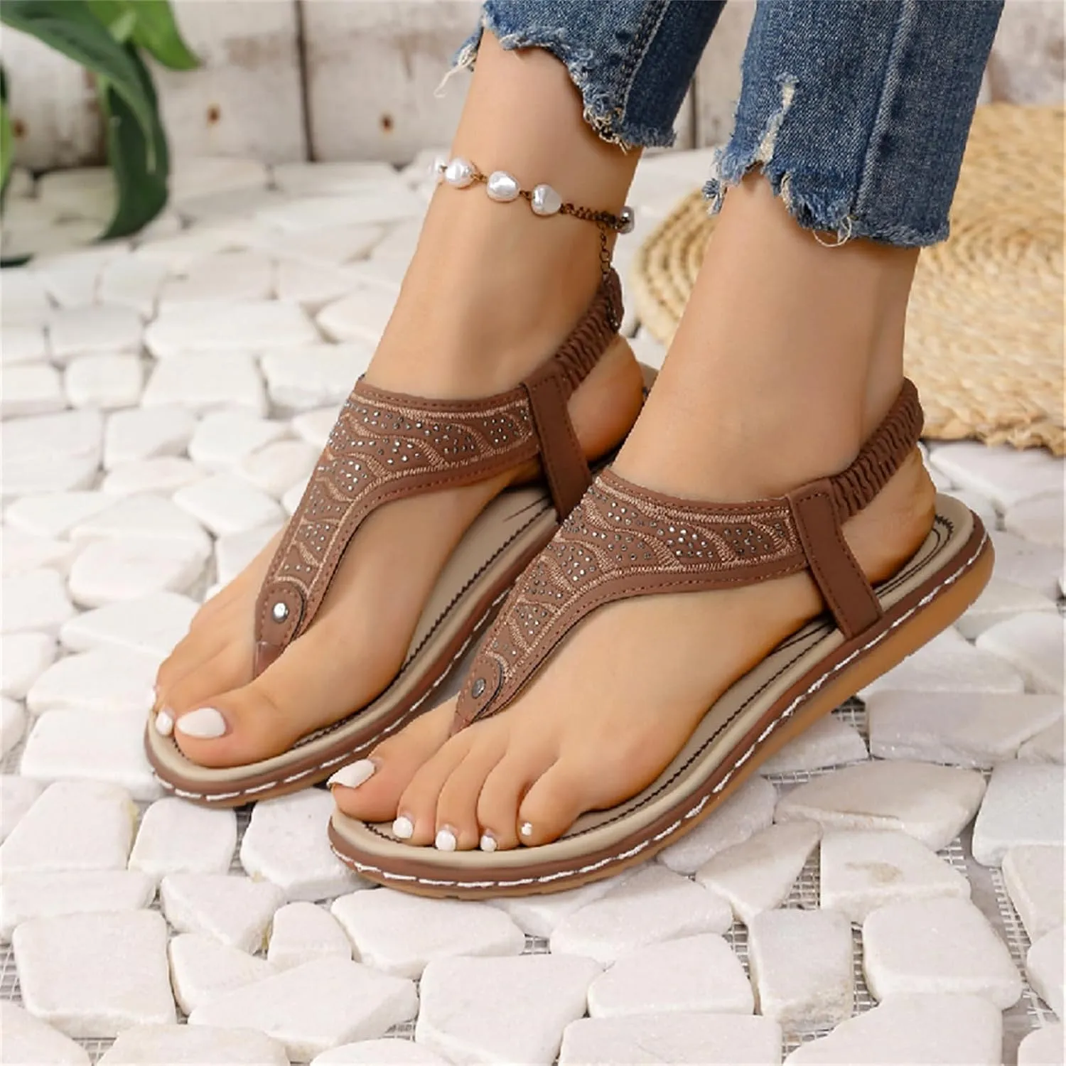 Orthopedic Sandals Women Casual Elastic Strappy Flat Sandals Arch Support T-Strap Walking Thong Flip-Flops Summer Lightweight Ridge Slingback Flat Sandal Comfortable Soft Cushion Shoes
