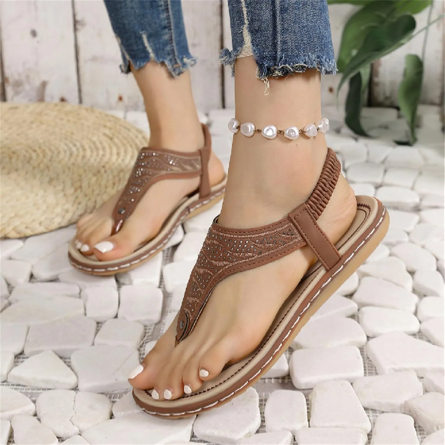 Orthopedic Sandals Women Casual Elastic Strappy Flat Sandals Arch Support T-Strap Walking Thong Flip-Flops Summer Lightweight Ridge Slingback Flat Sandal Comfortable Soft Cushion Shoes