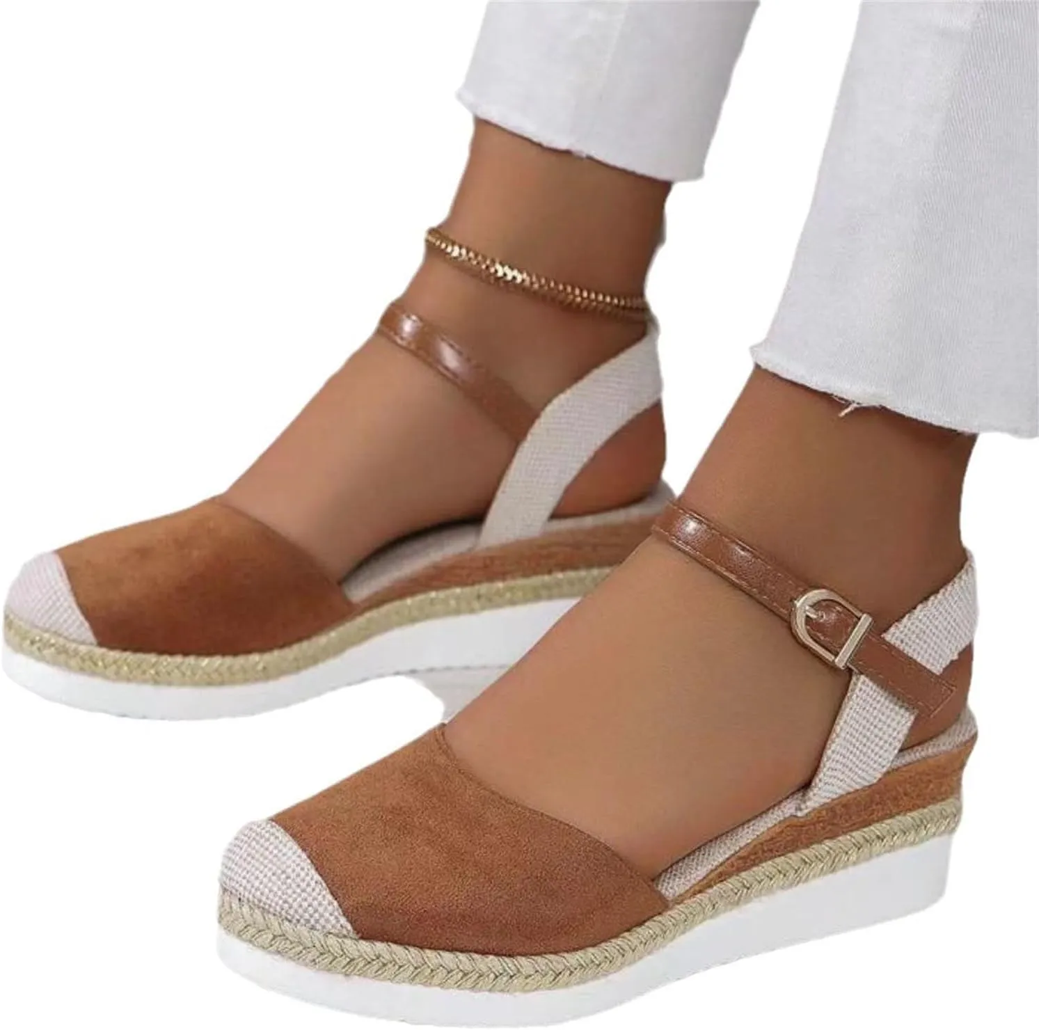 Orthopedic Shoes for Women Closed Toe Platform Heels Sandals Summer Dressy Flats Ankle Strap Espadrilles Wedge Sandal Adjustable Buckle Flat Shoe Boho Beach Slippers Comfortable Walking Outdoor Shoe