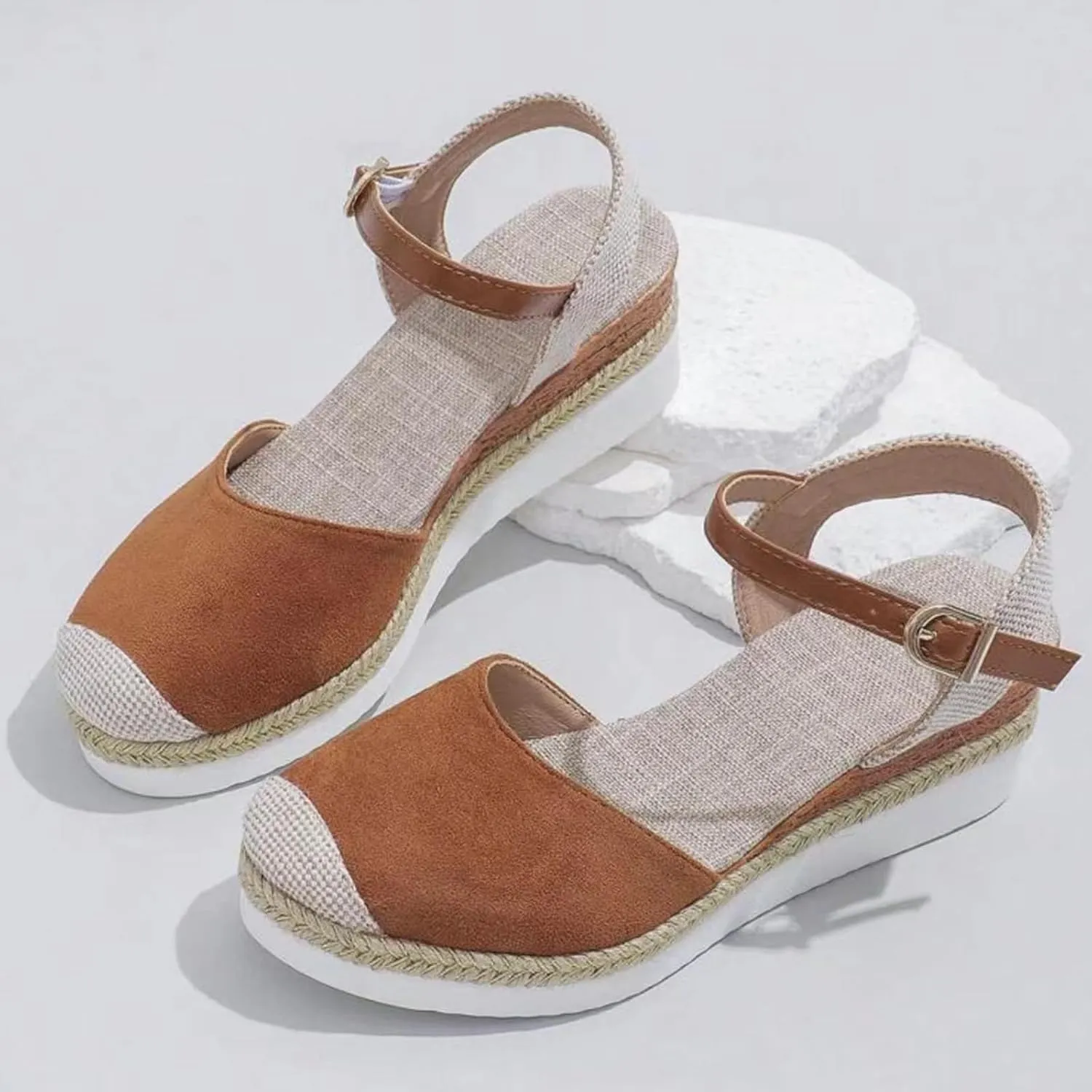 Orthopedic Shoes for Women Closed Toe Platform Heels Sandals Summer Dressy Flats Ankle Strap Espadrilles Wedge Sandal Adjustable Buckle Flat Shoe Boho Beach Slippers Comfortable Walking Outdoor Shoe