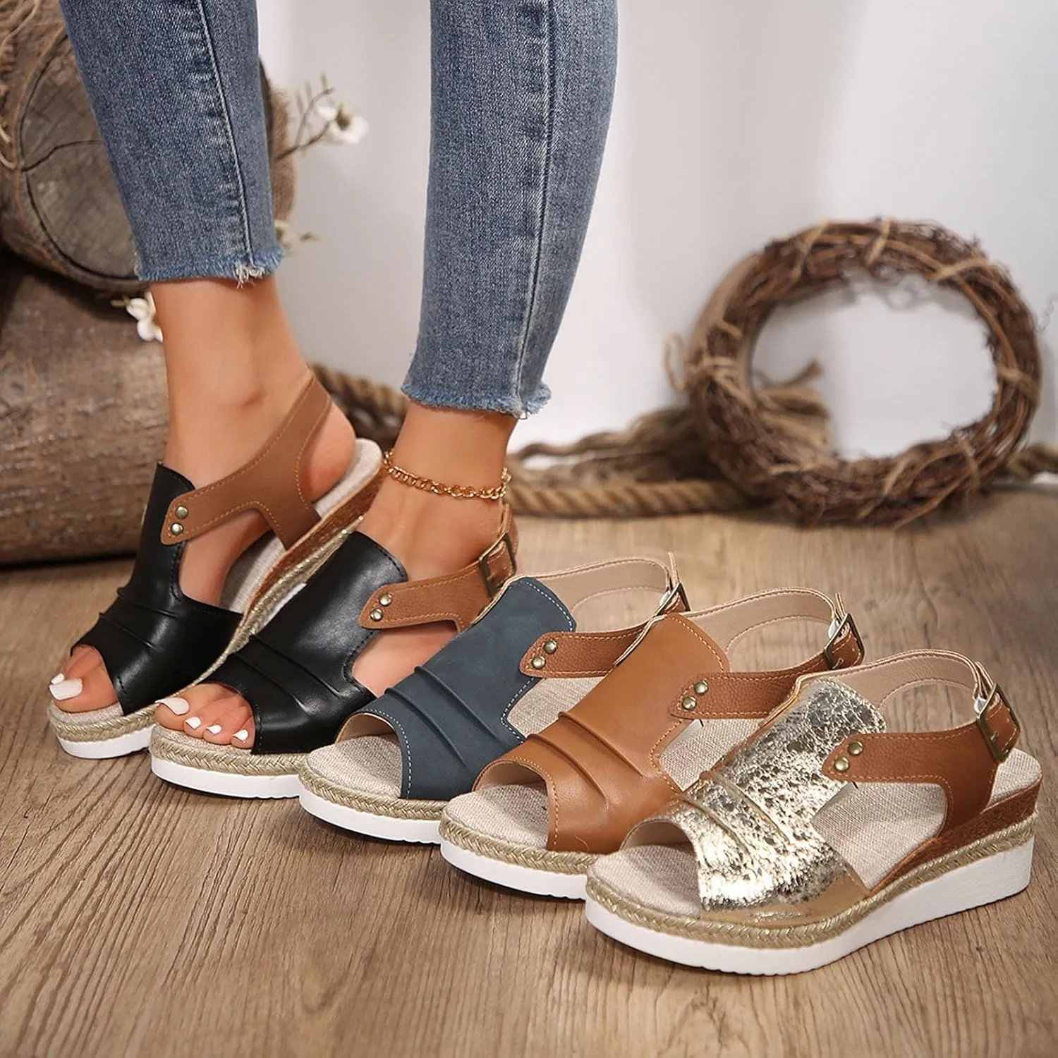 Orthopedic Wedge Sandals for Women 2025 Summer Dressy Open Toe Casual Strappy High Wedges Slip on Sandals Boho Summer Beach Ladies Comfortable Outdoor Boho Wedges Sandal