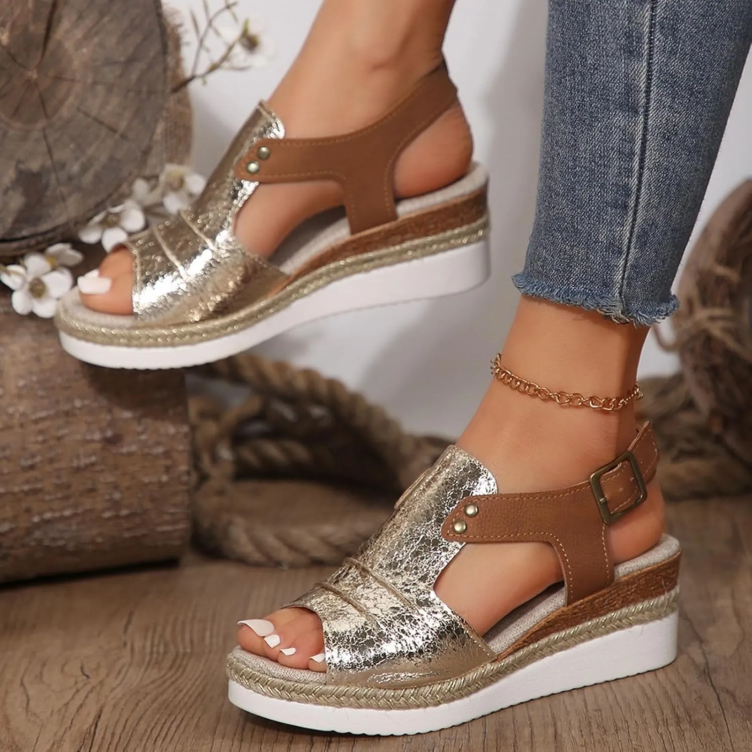 Orthopedic Wedge Sandals for Women 2025 Summer Dressy Open Toe Casual Strappy High Wedges Slip on Sandals Boho Summer Beach Ladies Comfortable Outdoor Boho Wedges Sandal