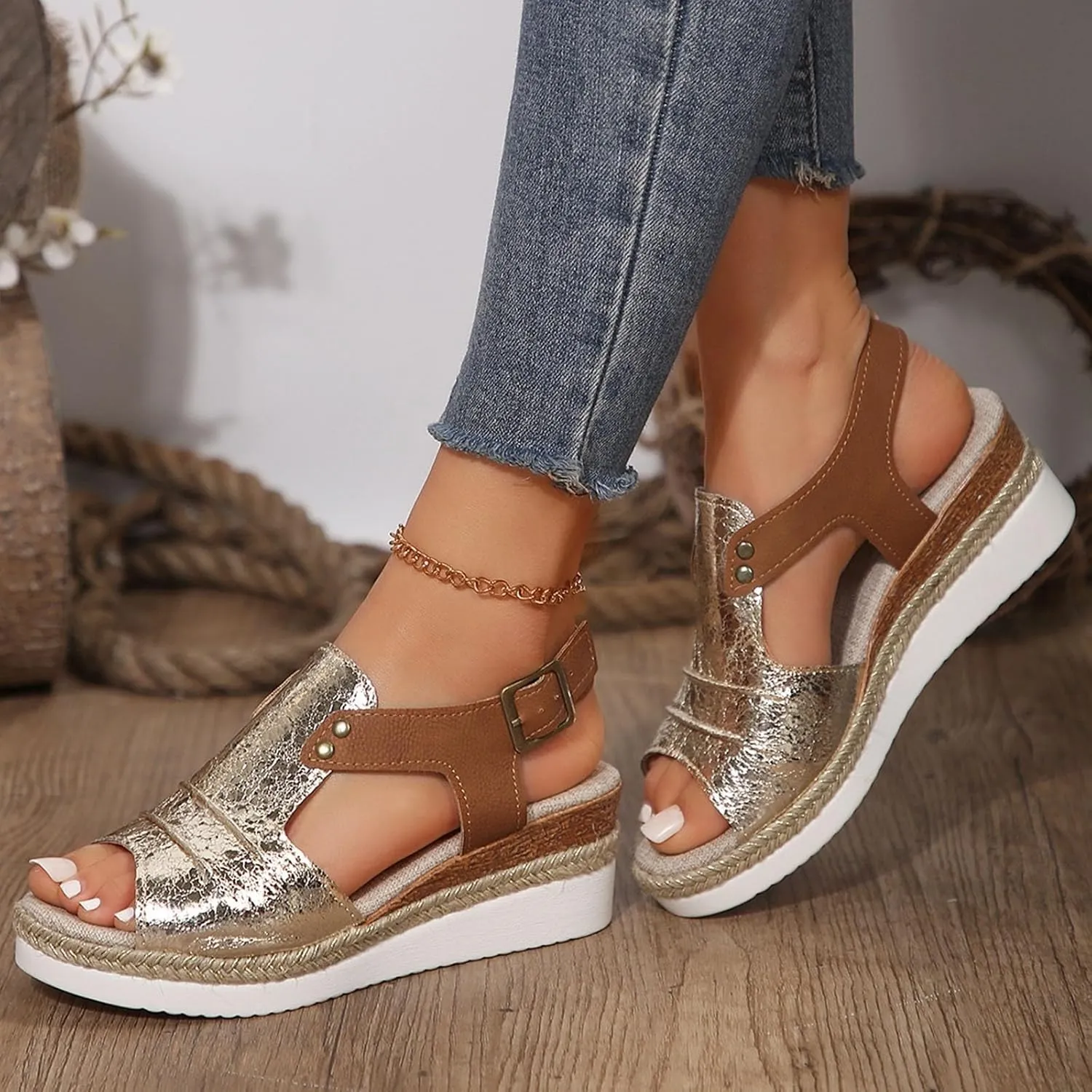 Orthopedic Wedge Sandals for Women 2025 Summer Dressy Open Toe Casual Strappy High Wedges Slip on Sandals Boho Summer Beach Ladies Comfortable Outdoor Boho Wedges Sandal