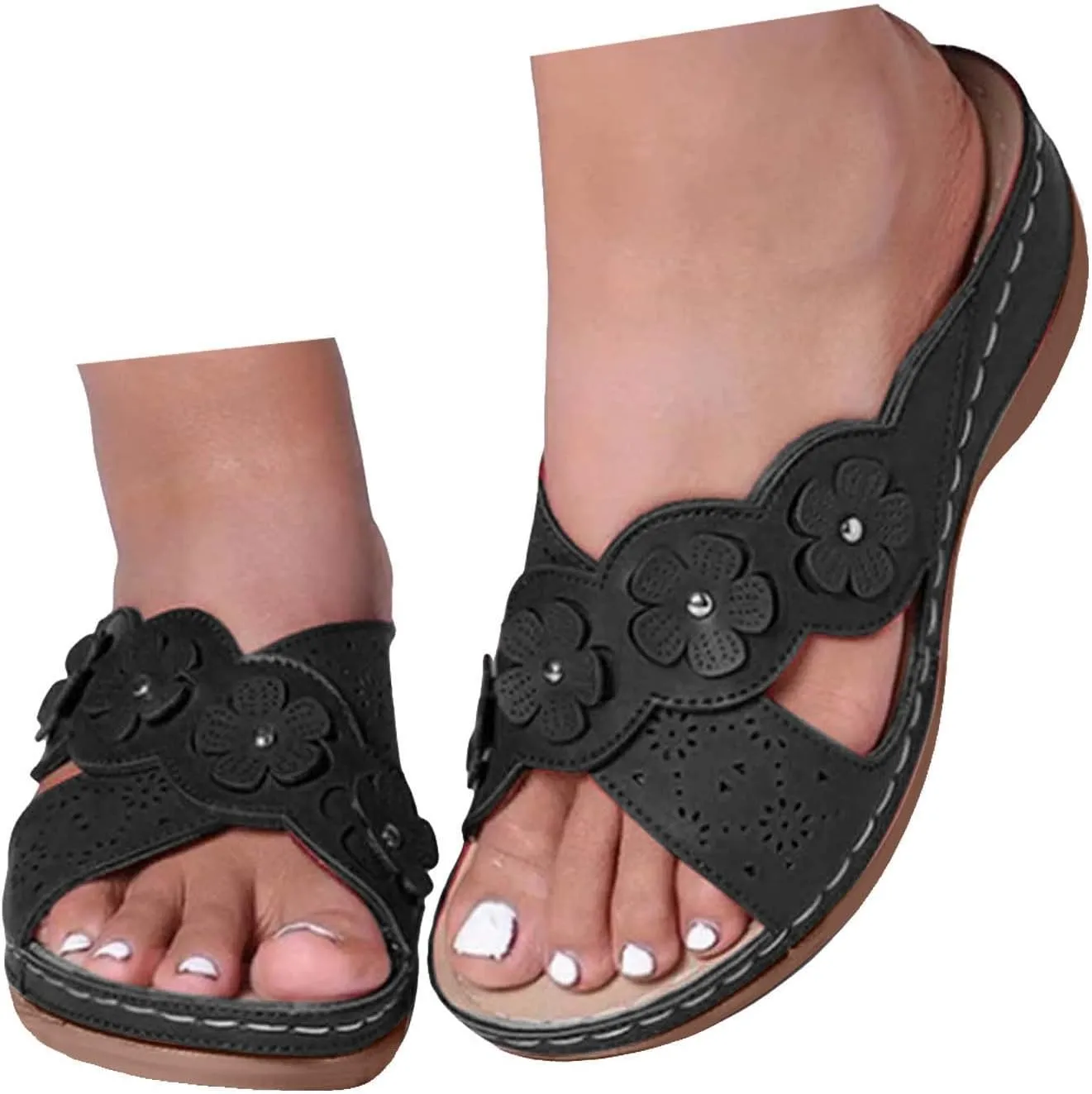 Orthopedic Wedge Sandals for Women Dressy Summer 2025,Womens Hollow Flower Comfortable Sandals Arch Support Casual Slippers Slip On Platform Wedge Sandals Sandalias Beach Slide Walking Flip Flops