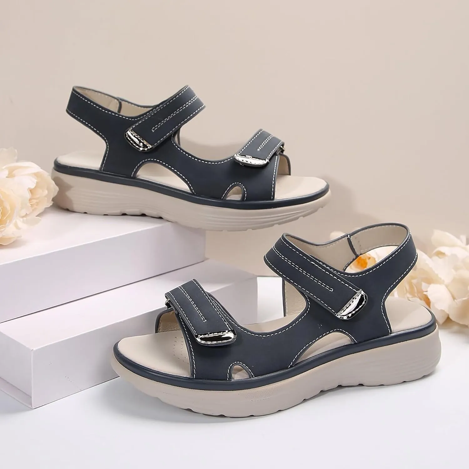 Orthopedic Wide Sandals for Women 2025 Dressy Strappy Arch Support Flat Wedge Sandals Walking Women Open Toe Ankle Strap Comfortable Platform Slip-On Shoes for Summer Beach Casual