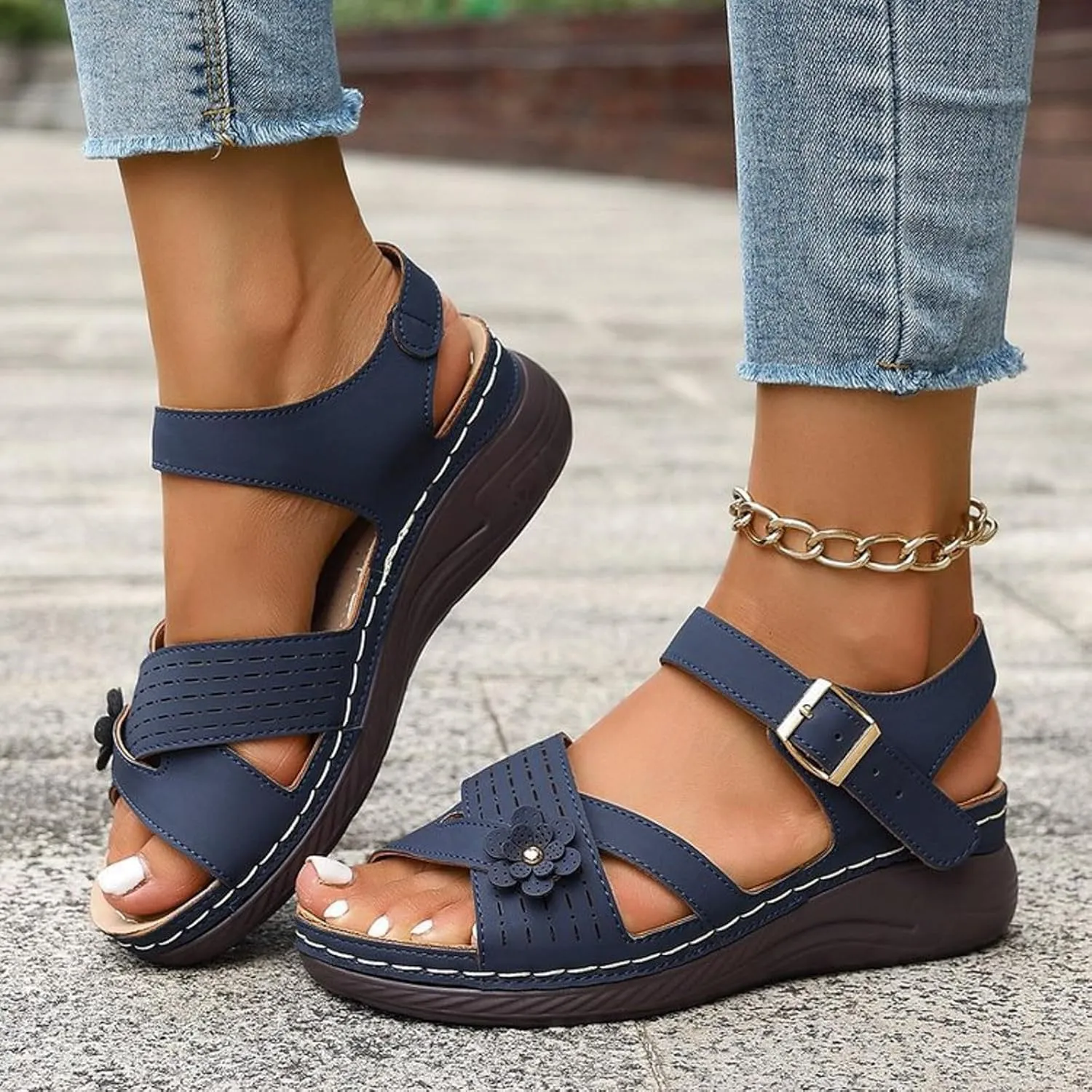 Orthopedic Wide Sandals for Women 2025 Dressy Strappy Arch Support Flat Wedge Sandals Walking Women Open Toe Ankle Strap Comfortable Platform Slip-On Shoes for Summer Beach Casual