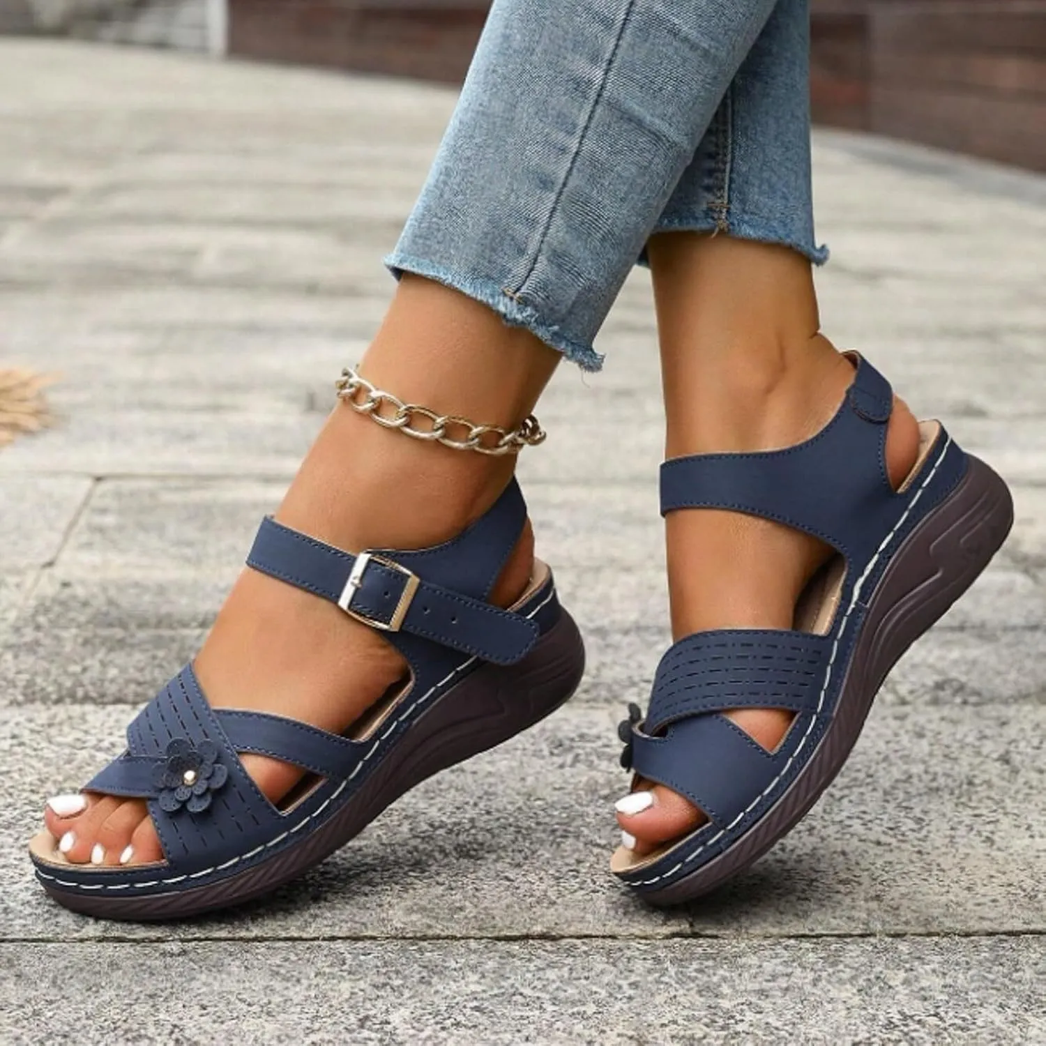 Orthopedic Wide Sandals for Women 2025 Dressy Strappy Arch Support Flat Wedge Sandals Walking Women Open Toe Ankle Strap Comfortable Platform Slip-On Shoes for Summer Beach Casual