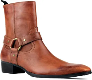 OSSTONE Men Chelsea Ankle Boots Leather Chukka Motorcycle Boots with Side Zipper Heel Retro Dress Boots JY017-R
