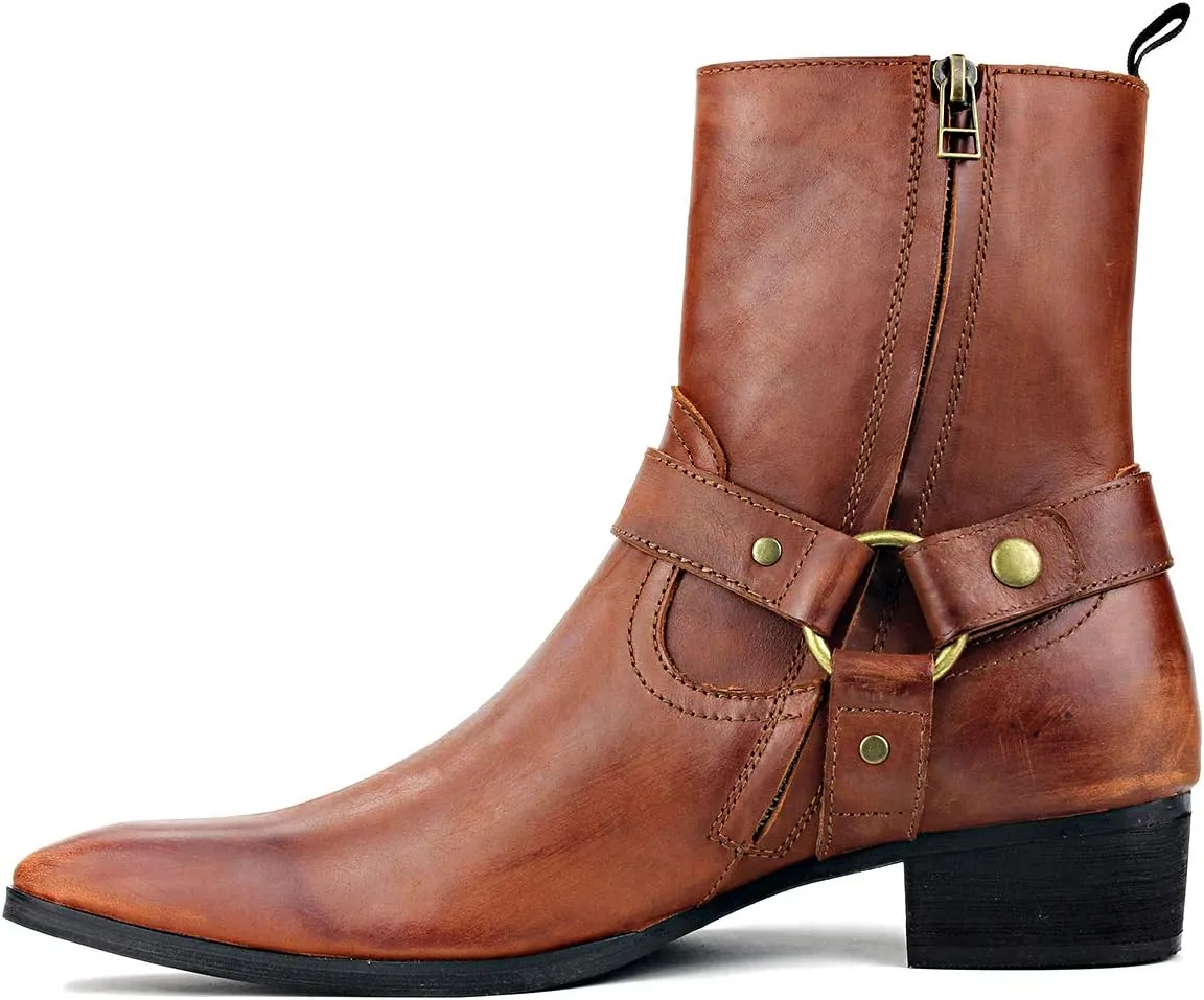OSSTONE Men Chelsea Ankle Boots Leather Chukka Motorcycle Boots with Side Zipper Heel Retro Dress Boots JY017-R