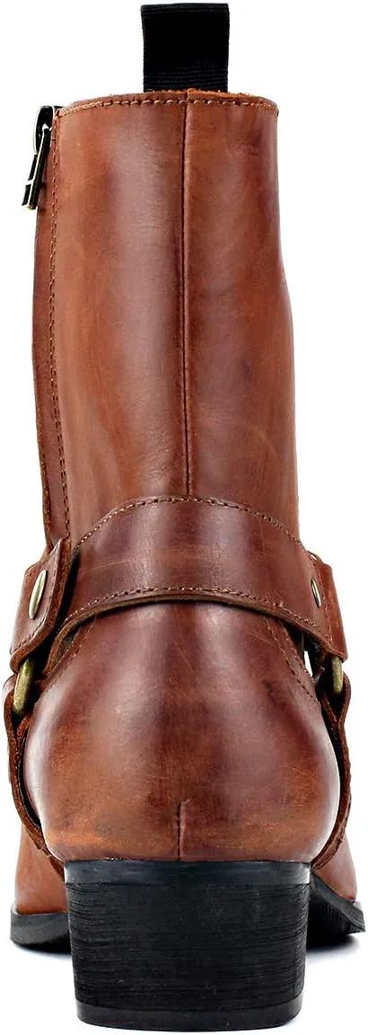 OSSTONE Men Chelsea Ankle Boots Leather Chukka Motorcycle Boots with Side Zipper Heel Retro Dress Boots JY017-R