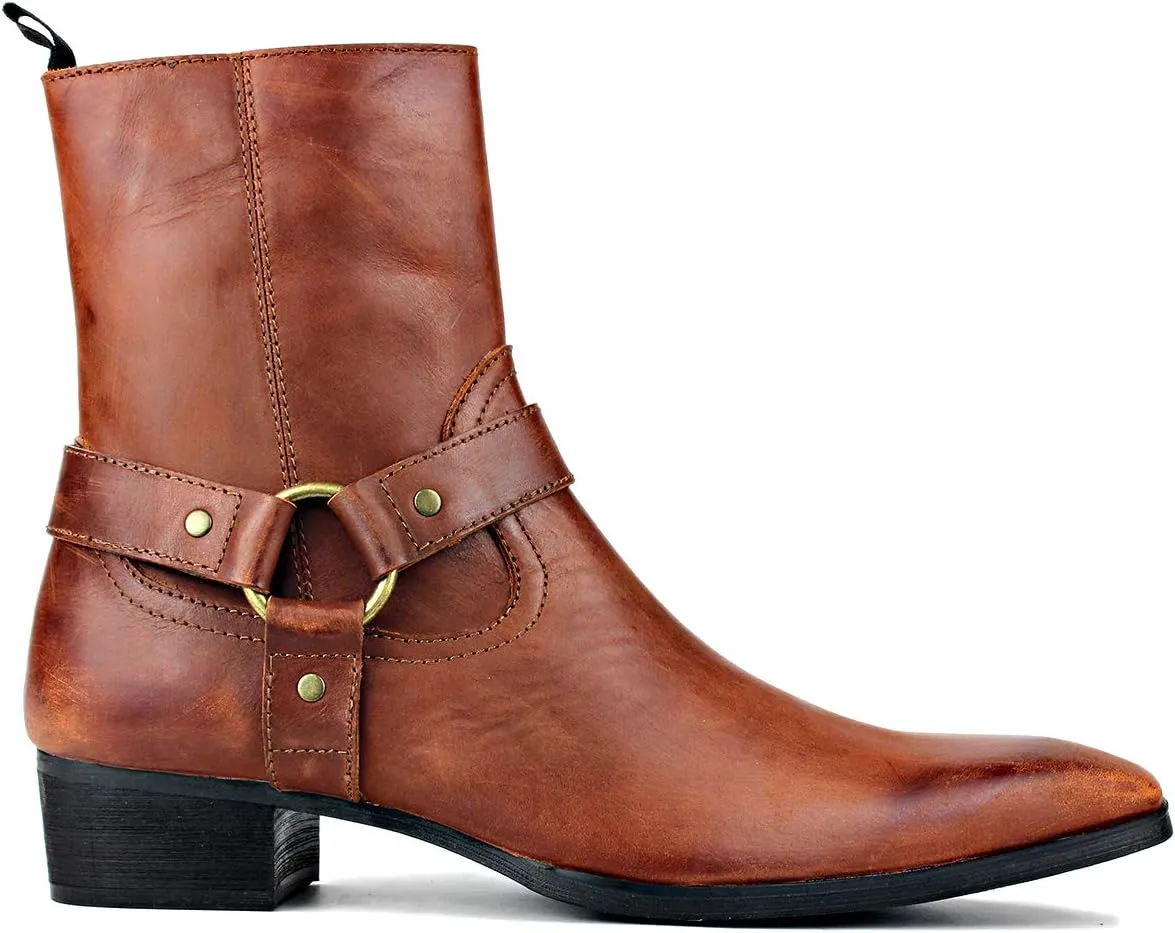 OSSTONE Men Chelsea Ankle Boots Leather Chukka Motorcycle Boots with Side Zipper Heel Retro Dress Boots JY017-R