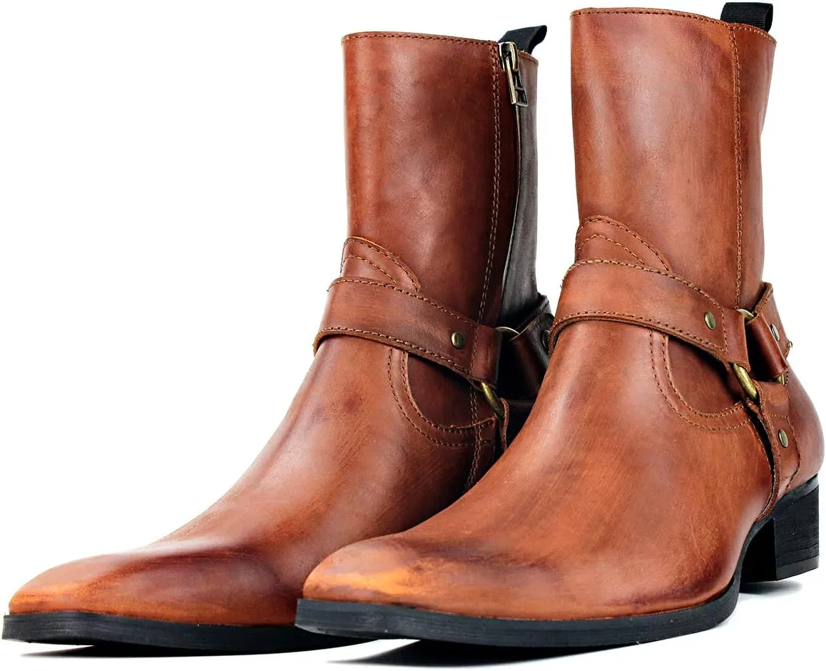 OSSTONE Men Chelsea Ankle Boots Leather Chukka Motorcycle Boots with Side Zipper Heel Retro Dress Boots JY017-R