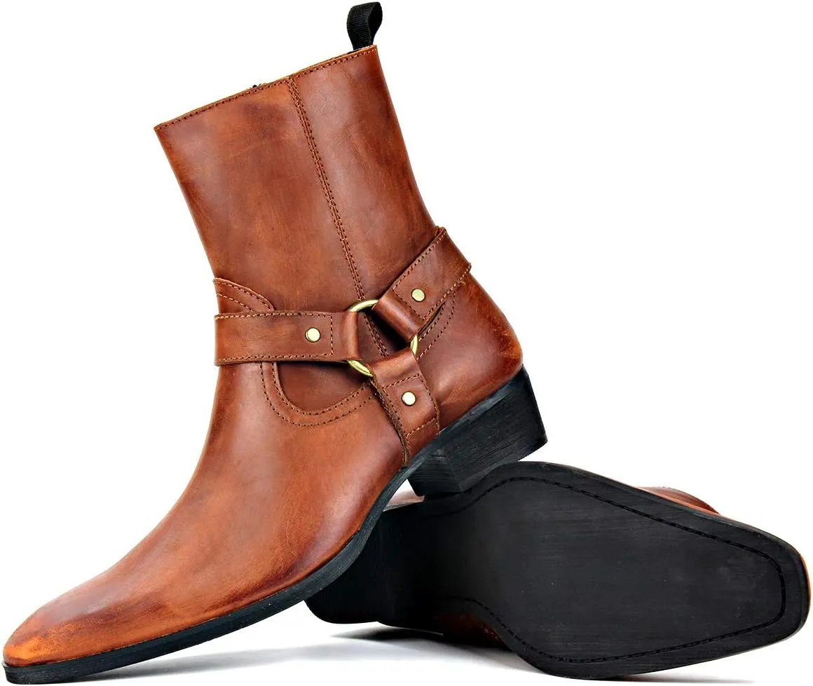 OSSTONE Men Chelsea Ankle Boots Leather Chukka Motorcycle Boots with Side Zipper Heel Retro Dress Boots JY017-R