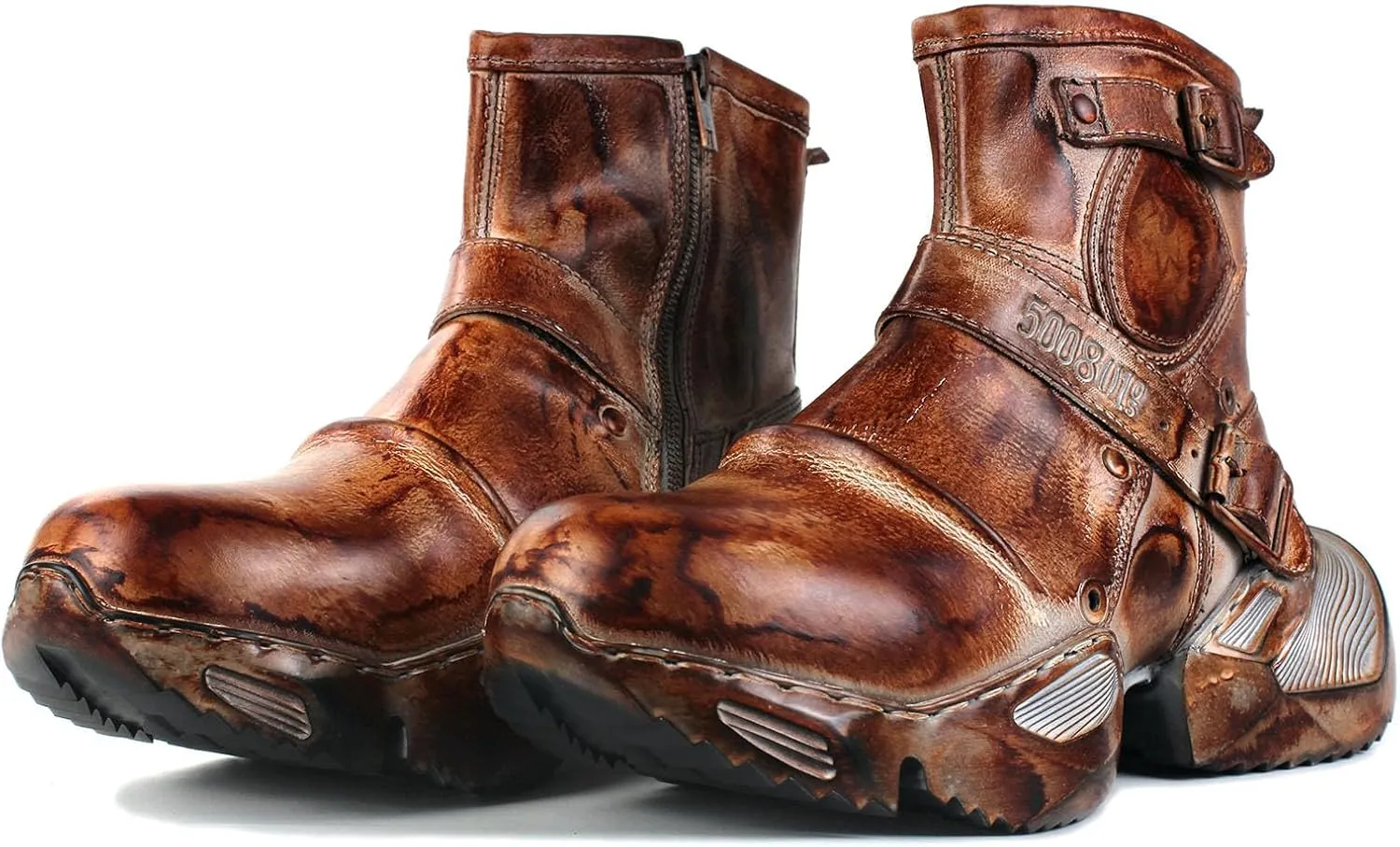OSSTONE Vintage Moto Boots for Men Fashion lace-up Leather Casual Walking Shoes Retro Chukka Boots OS-5008-S-4-Caramel-Brown