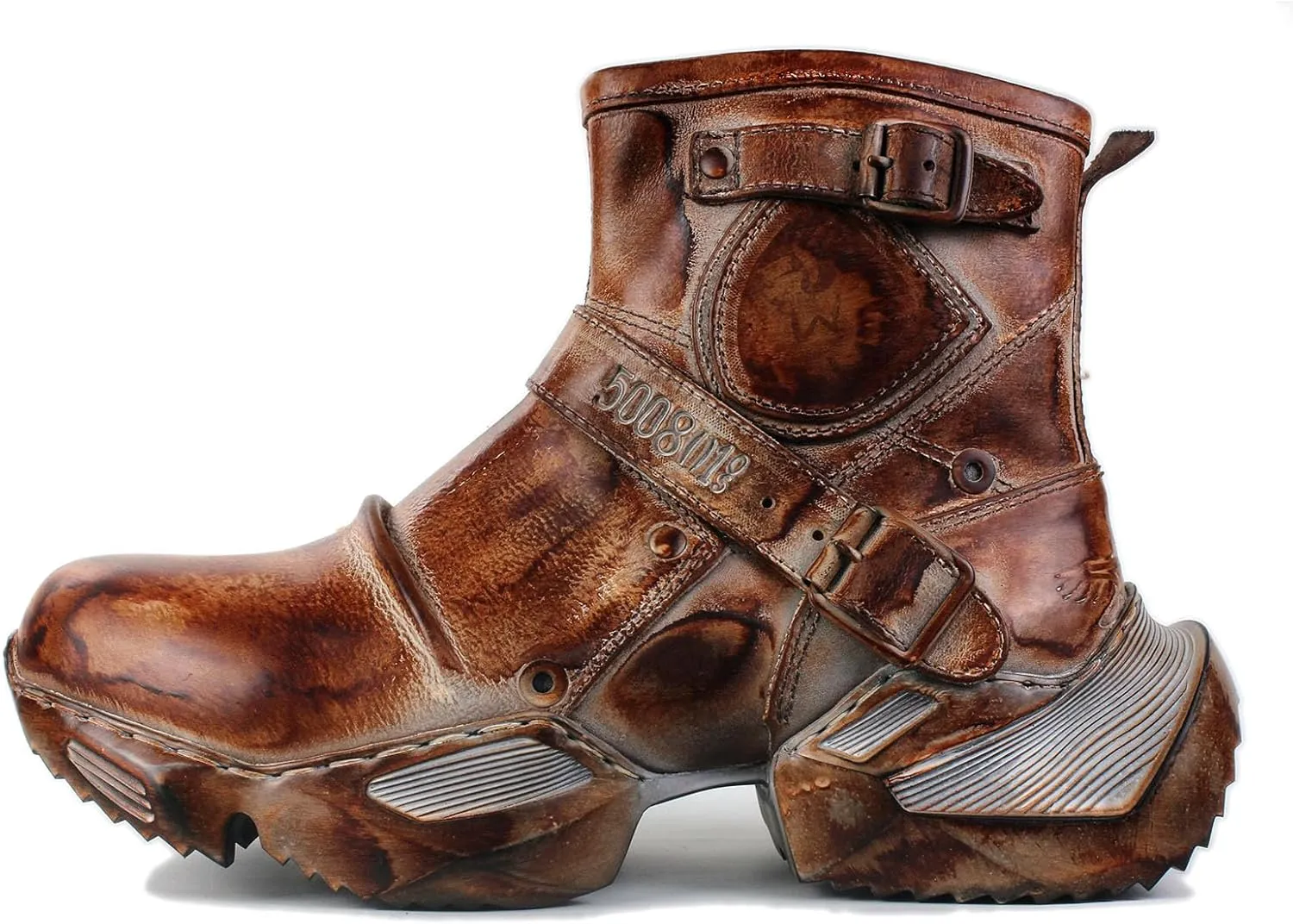 OSSTONE Vintage Moto Boots for Men Fashion lace-up Leather Casual Walking Shoes Retro Chukka Boots OS-5008-S-4-Caramel-Brown
