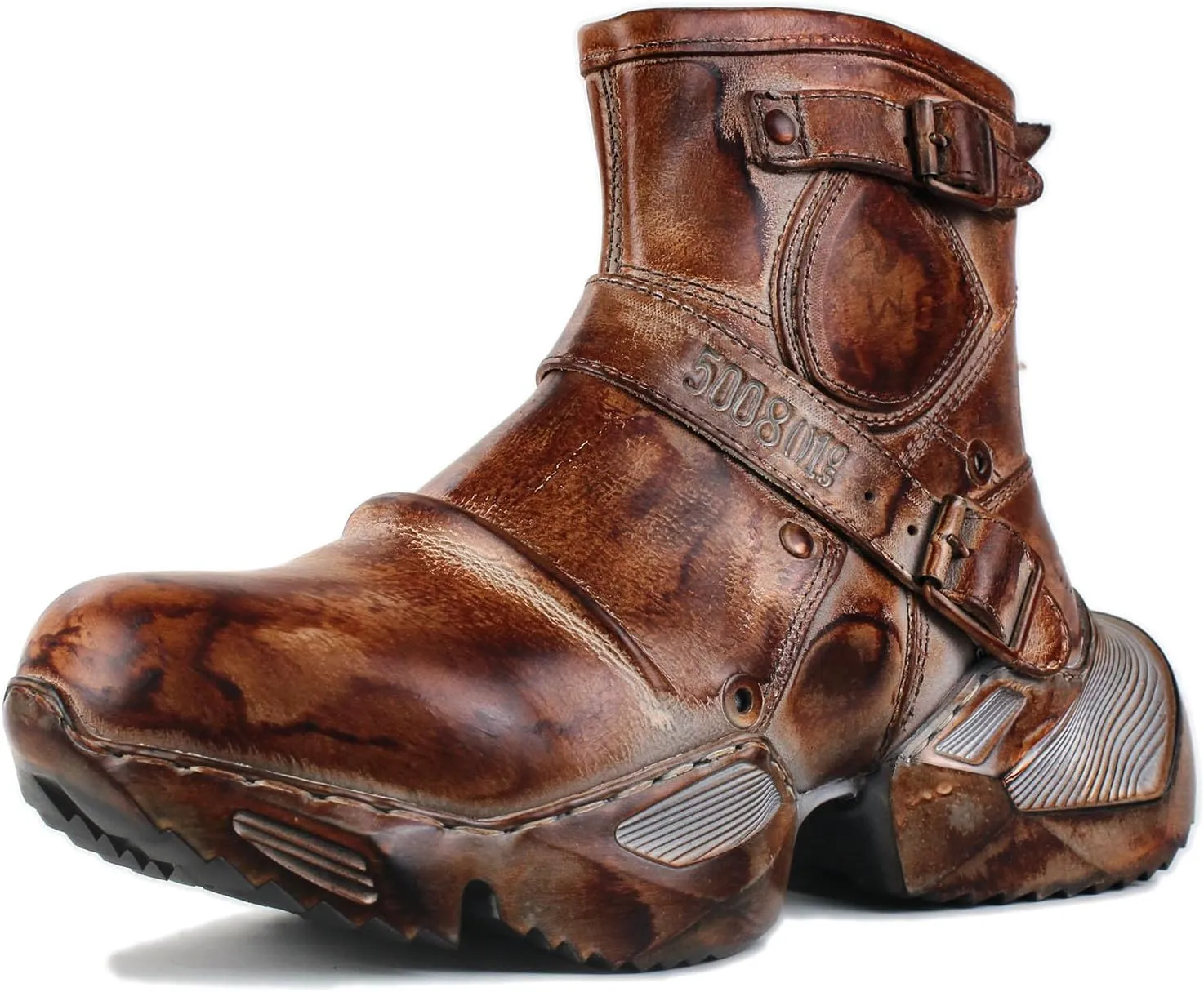 OSSTONE Vintage Moto Boots for Men Fashion lace-up Leather Casual Walking Shoes Retro Chukka Boots OS-5008-S-4-Caramel-Brown