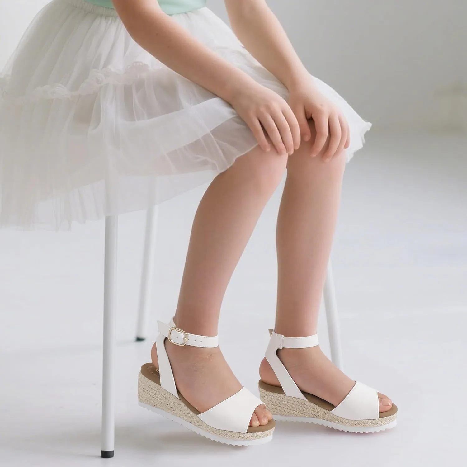 PANDANINJIA Girls Wedge Sandals Espadrilles Platform Heels for Girls Dress Shoes Ankle Strap Little Big Kids Sandals Summer Shoes