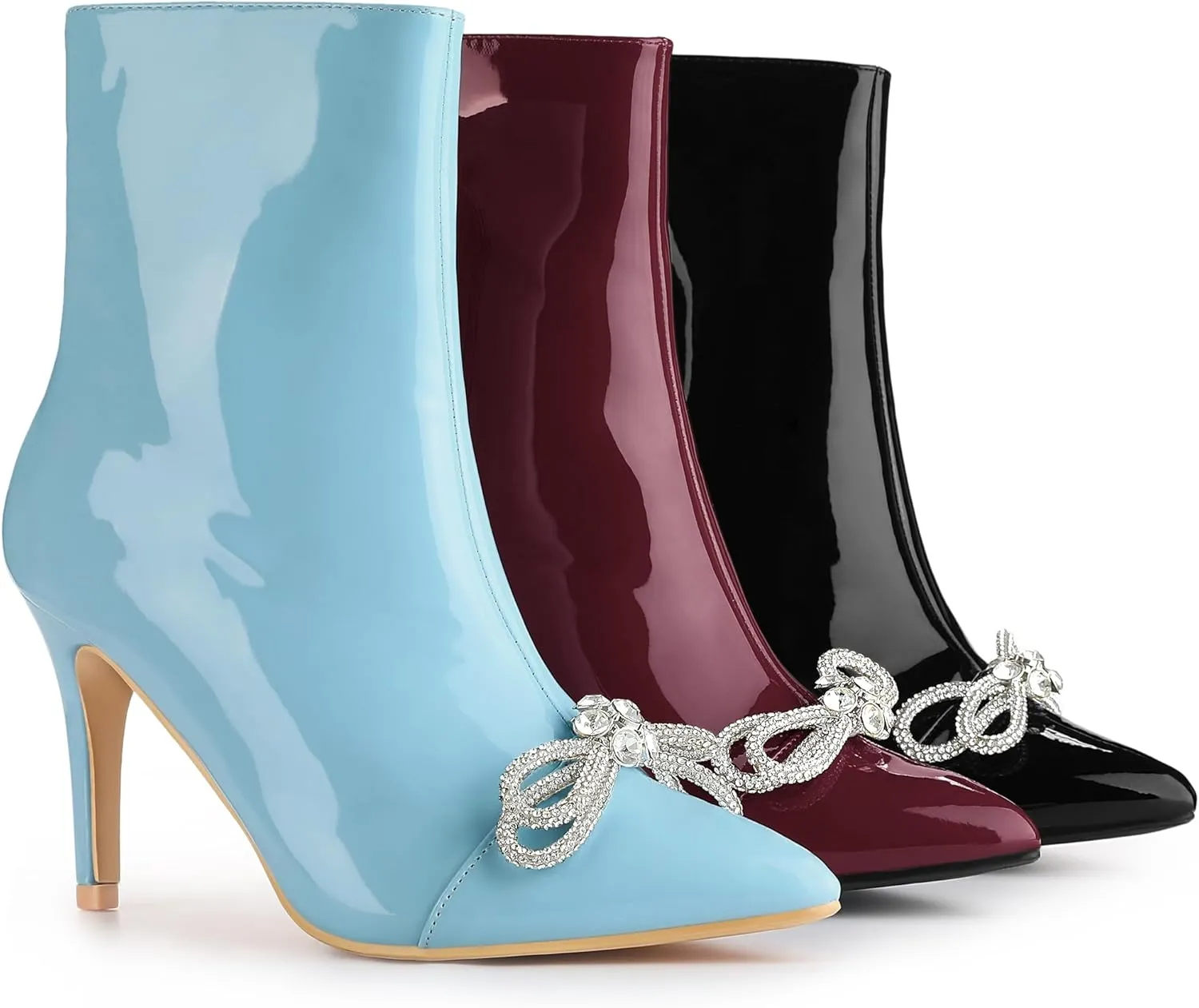 Perphy Patent Leather Boot Bow Rhinestone Pointy Toe Stiletto Heels Ankle Boots for Women