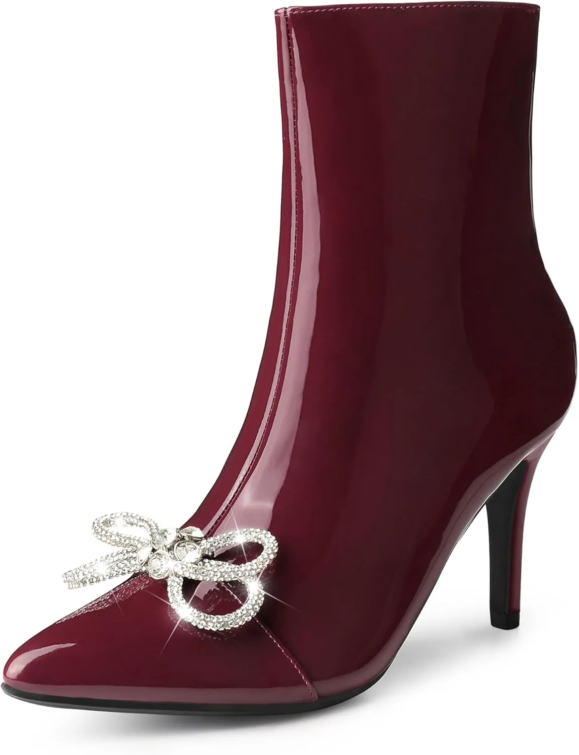 Perphy Patent Leather Boot Bow Rhinestone Pointy Toe Stiletto Heels Ankle Boots for Women