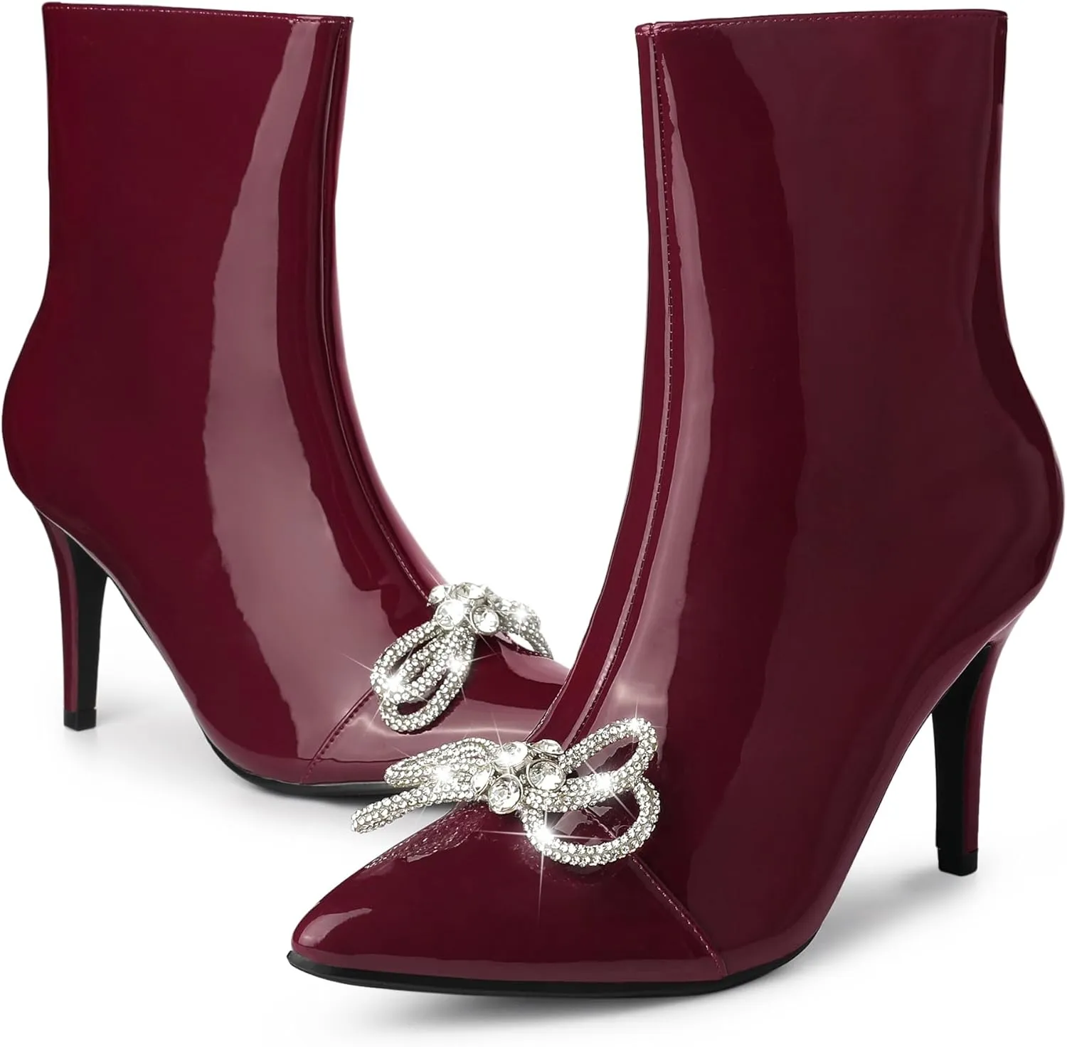 Perphy Patent Leather Boot Bow Rhinestone Pointy Toe Stiletto Heels Ankle Boots for Women