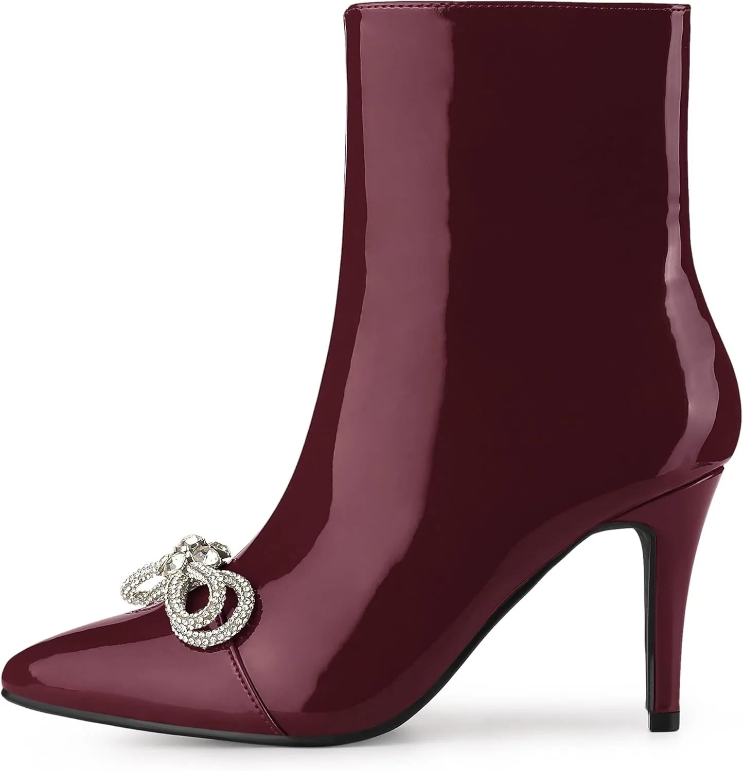 Perphy Patent Leather Boot Bow Rhinestone Pointy Toe Stiletto Heels Ankle Boots for Women
