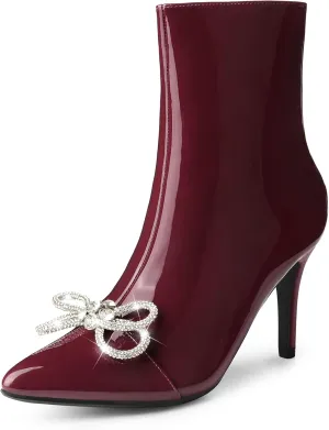 Perphy Patent Leather Boot Bow Rhinestone Pointy Toe Stiletto Heels Ankle Boots for Women